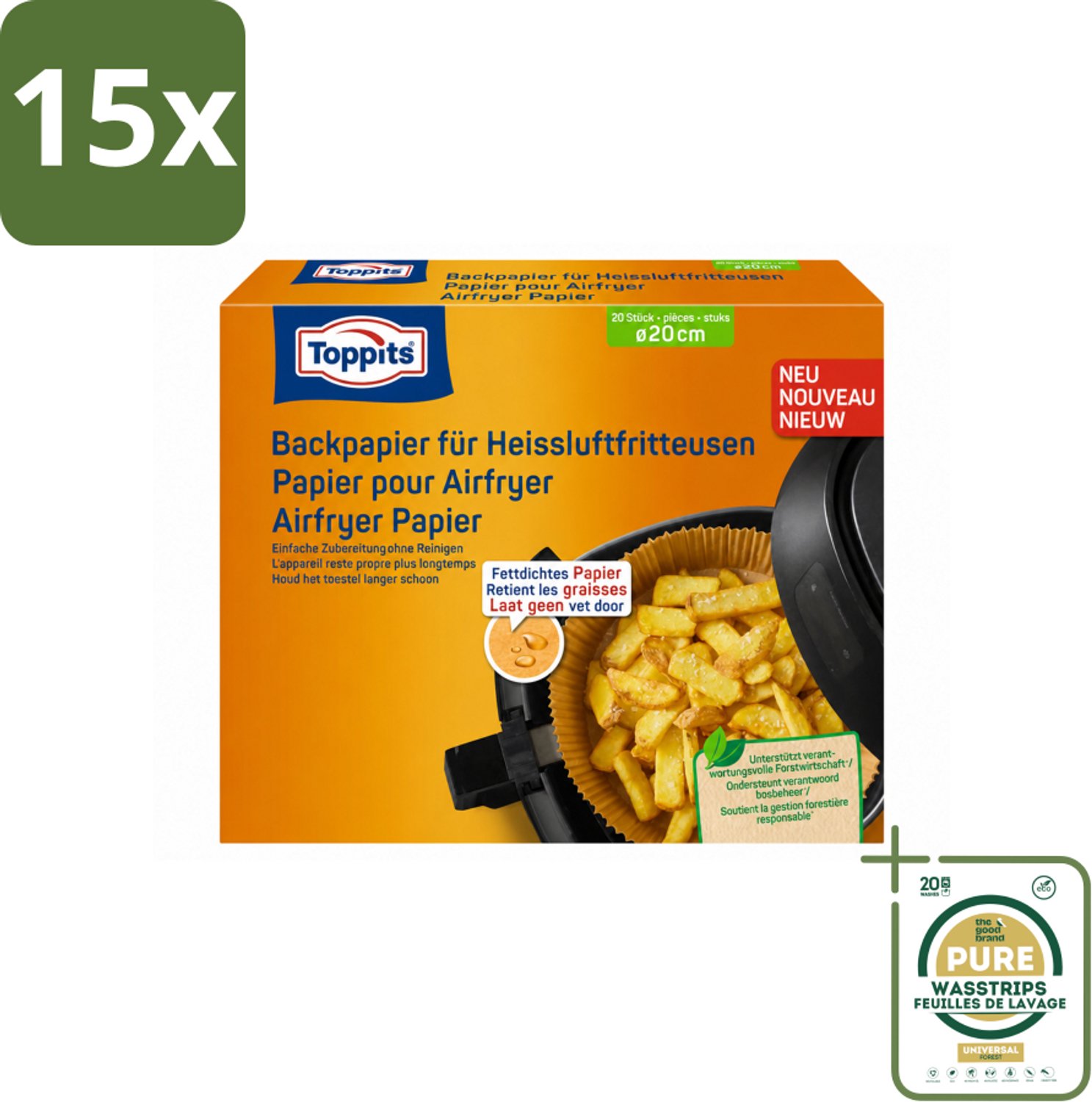15 x Toppits – Airfryer Papier – 20 cm – 20 Zakjes - Wasstrips - Airfryer Bakpapier - Bakpapier Airfryer - Airfryer Papier - Gezond Bakpapier - Vetabsorberend Papier