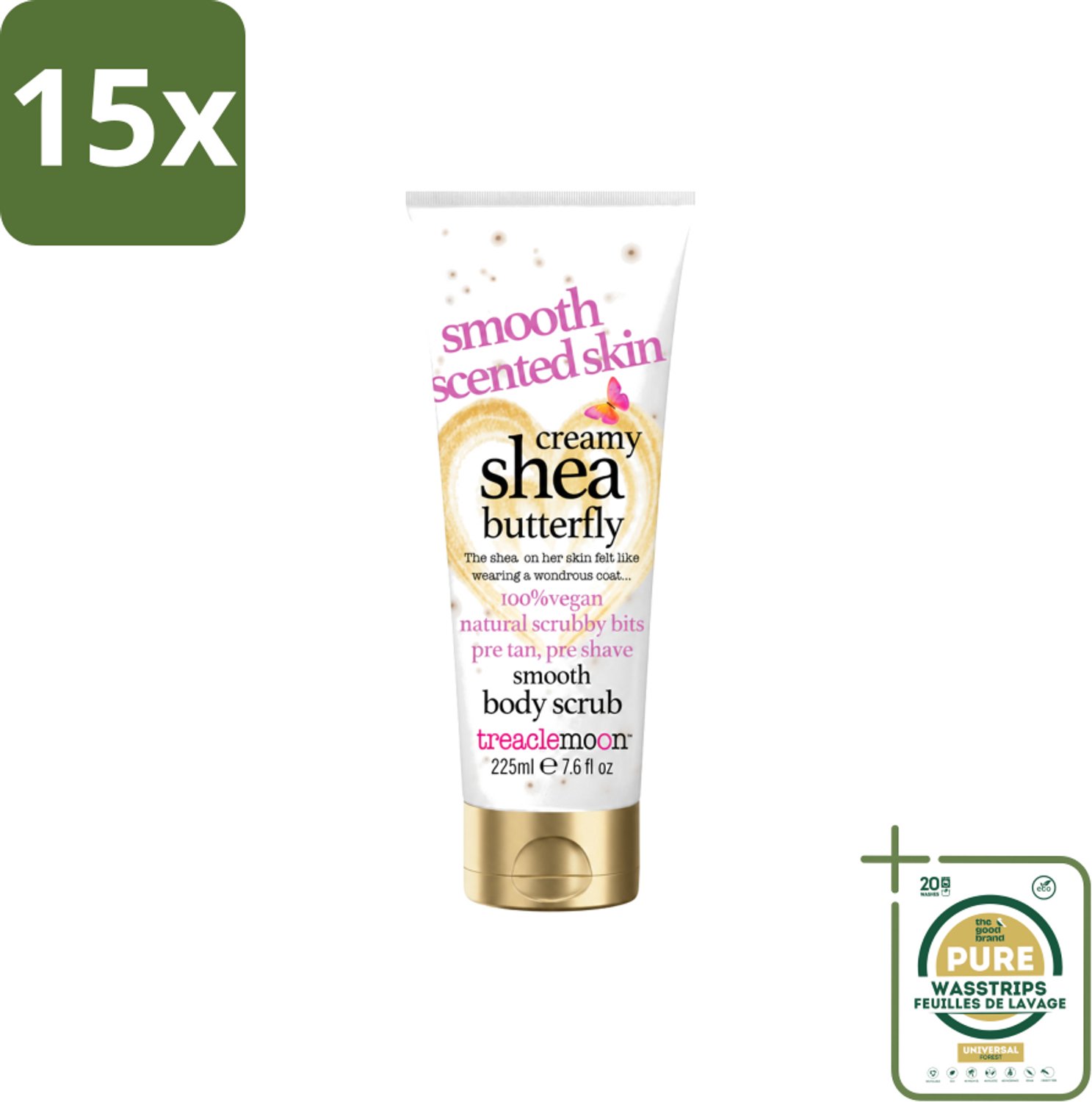 15 x Treaclemoon – Body Scrub – Creamy Shea Butterfly – 225 ml - Wasstrips - Bodyscrub - Huidverzorging - Exfoliatie - Shea Boter - Kokosnoot