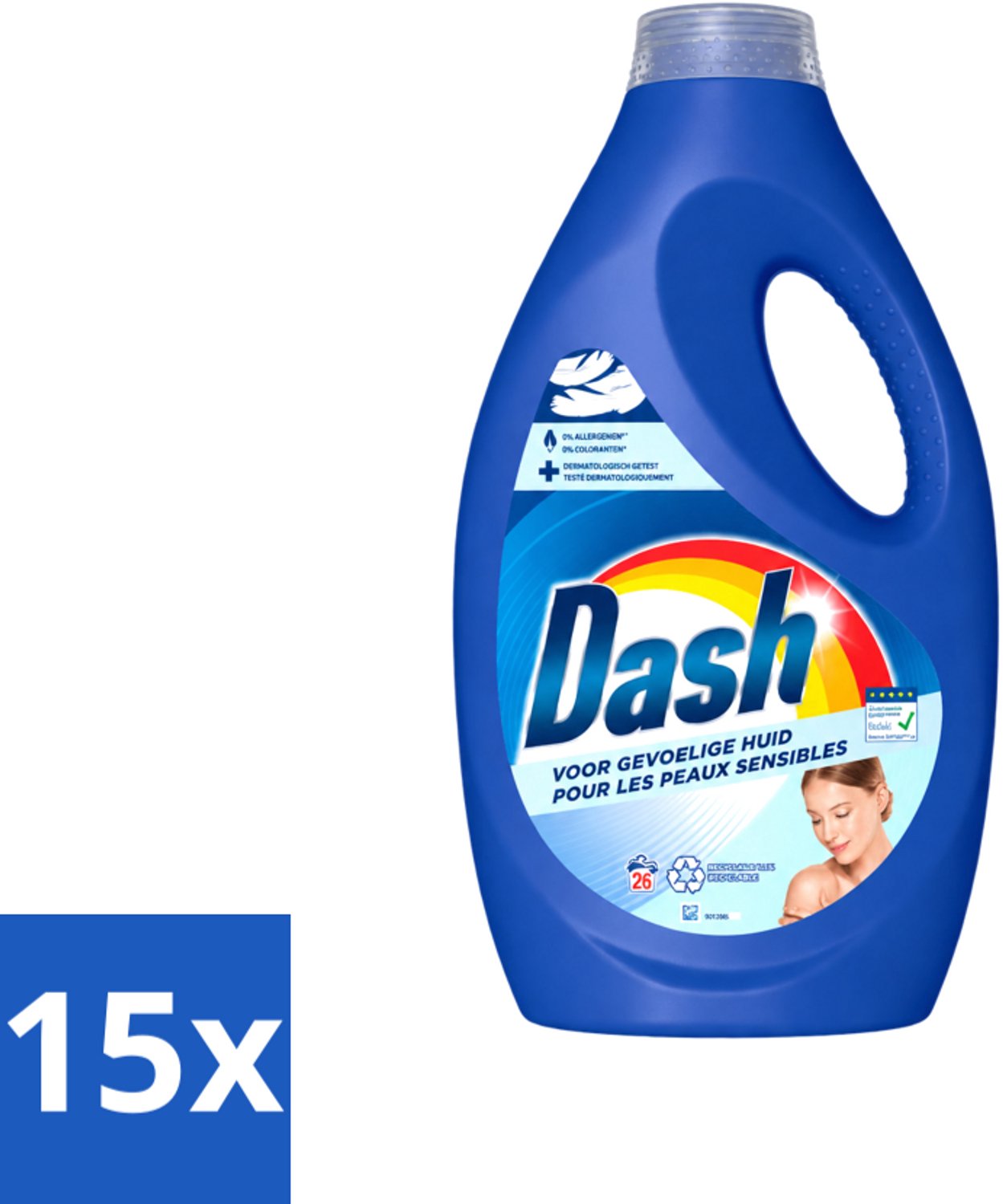 15 x Dash Sensitive - Vloeibaar Wasmiddel - Voor Gevoelige Huid - Witte en Gekleurde Was - 26 Wasbeurten - Voordeelverpakking - 15 stuks