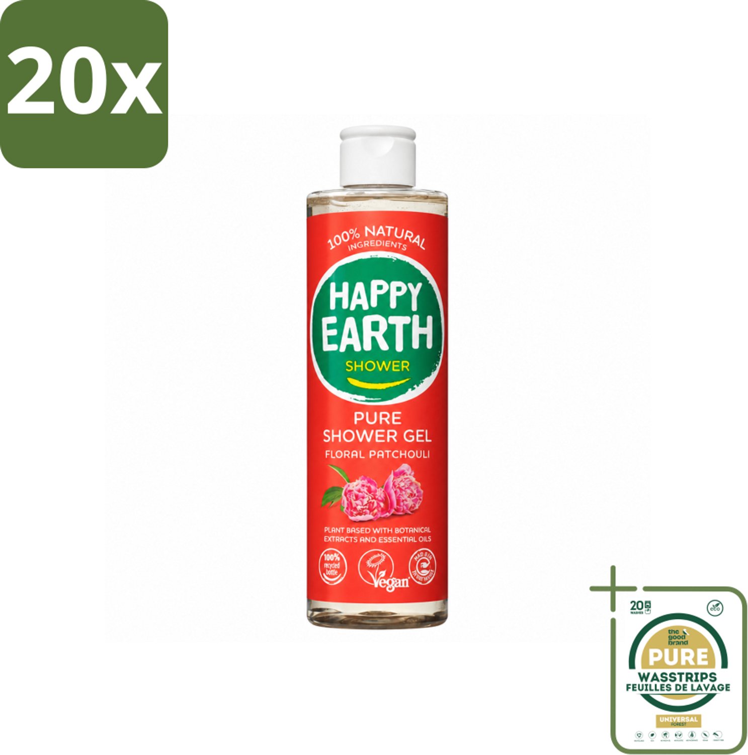 20 x Happy Earth – Douchegel – 100% Natuurlijk Floral Patchouli – 300 ml - Wasstrips - Douchegel - Natuurlijke Douchegel - Vegan Douchegel - Patchouli Douchegel - Bloemige Douchegel