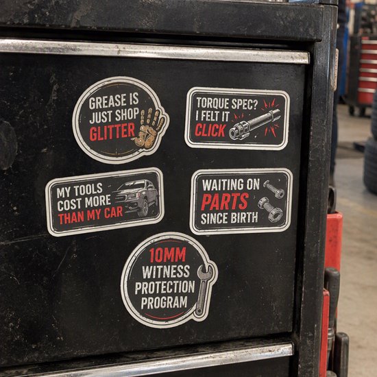 Vijf verschillende autostickers bevestigd op de zwarte metalen lade van een gereedschapswagen.