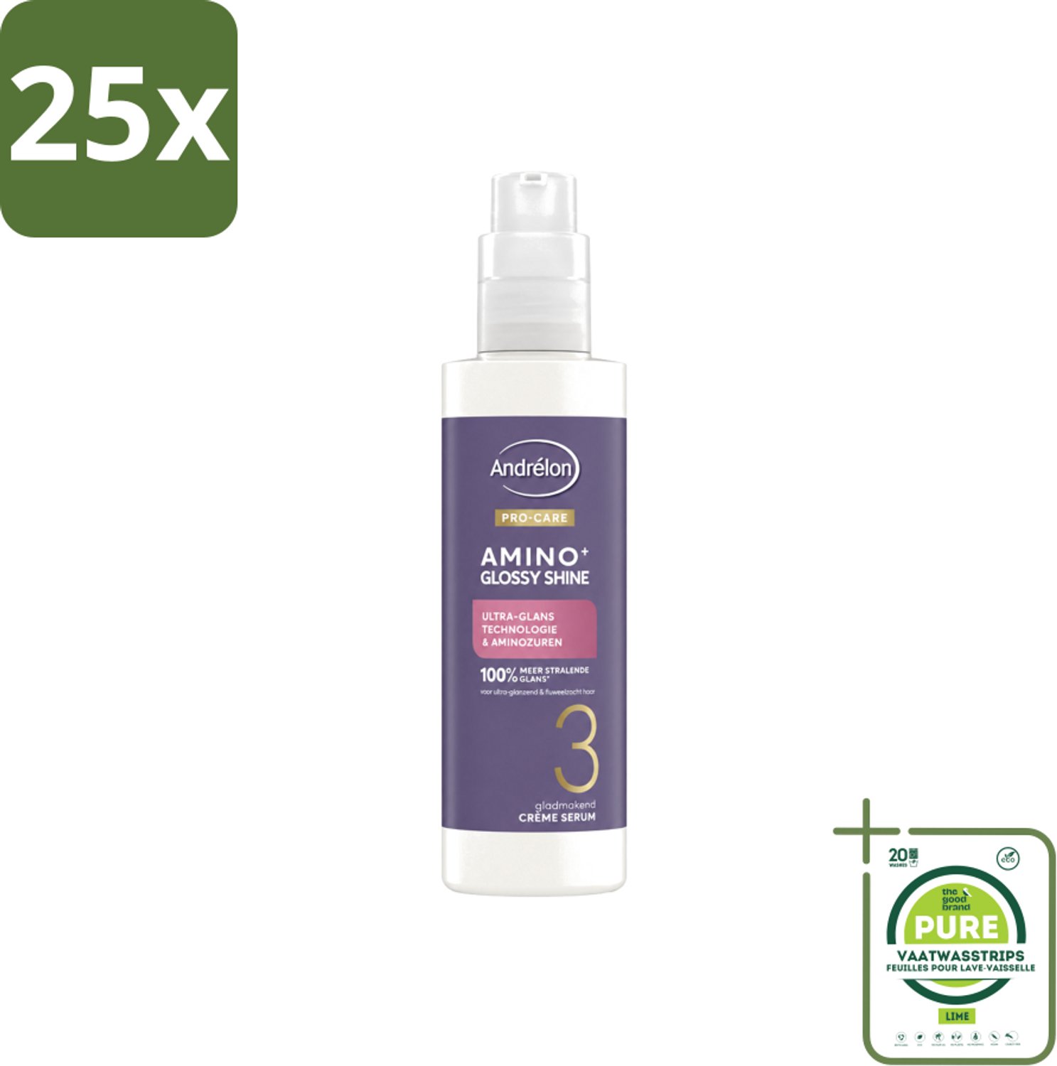 25 x Andrélon – Crème Serum – Pro Care Amino+ Glossy Shine – 200 ml - Grootverpakking - Vaatwasstrips - Glans Haar - Glad Haar - Stralend Haar - Aminozuren Haar - Haar Verzorging