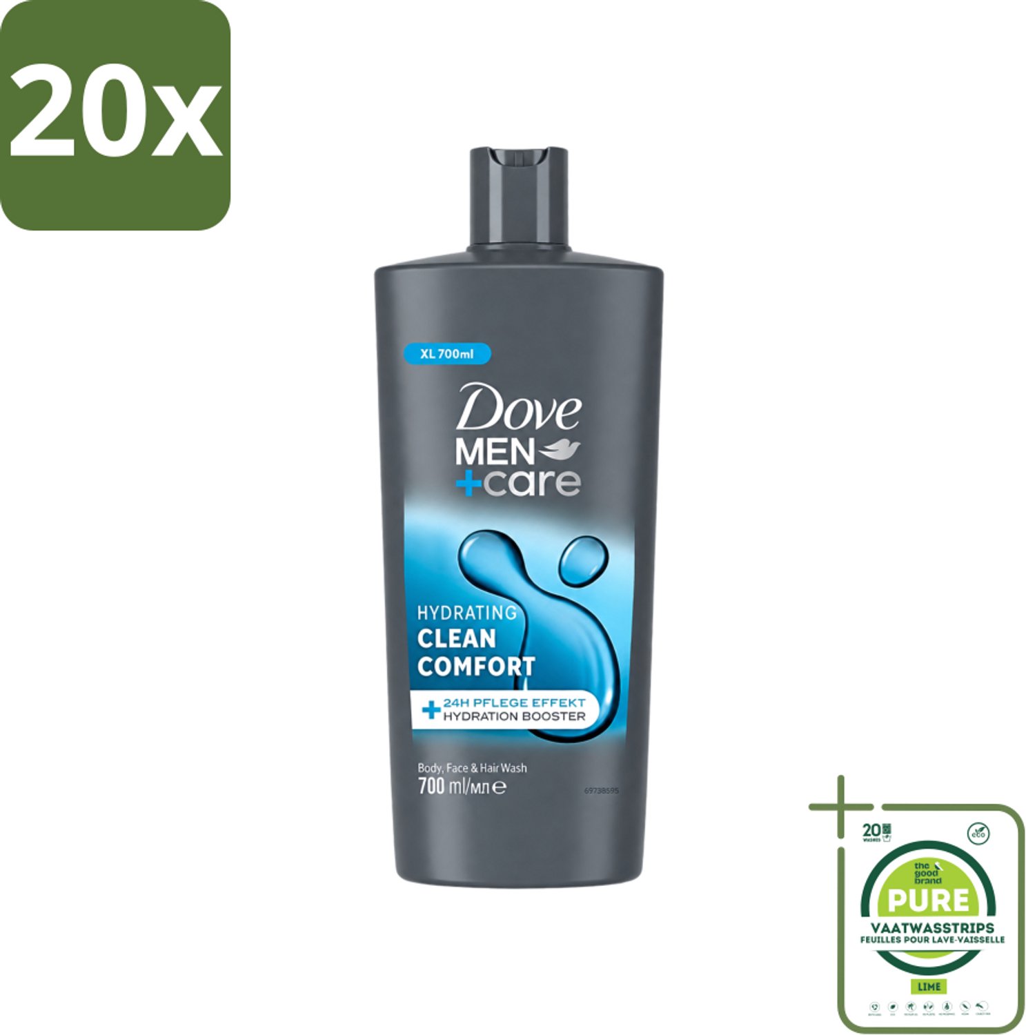 20 x Dove Men+Care - Clean Comfort - 3-in-1 Douchegel - Hydraterend- 700 ml - Grootverpakking - Vaatwasstrips - Douchegel Voor Mannen - Lichaamsgel - Gezichtsgel - Haarverzorging - Hydraatende Douchegel