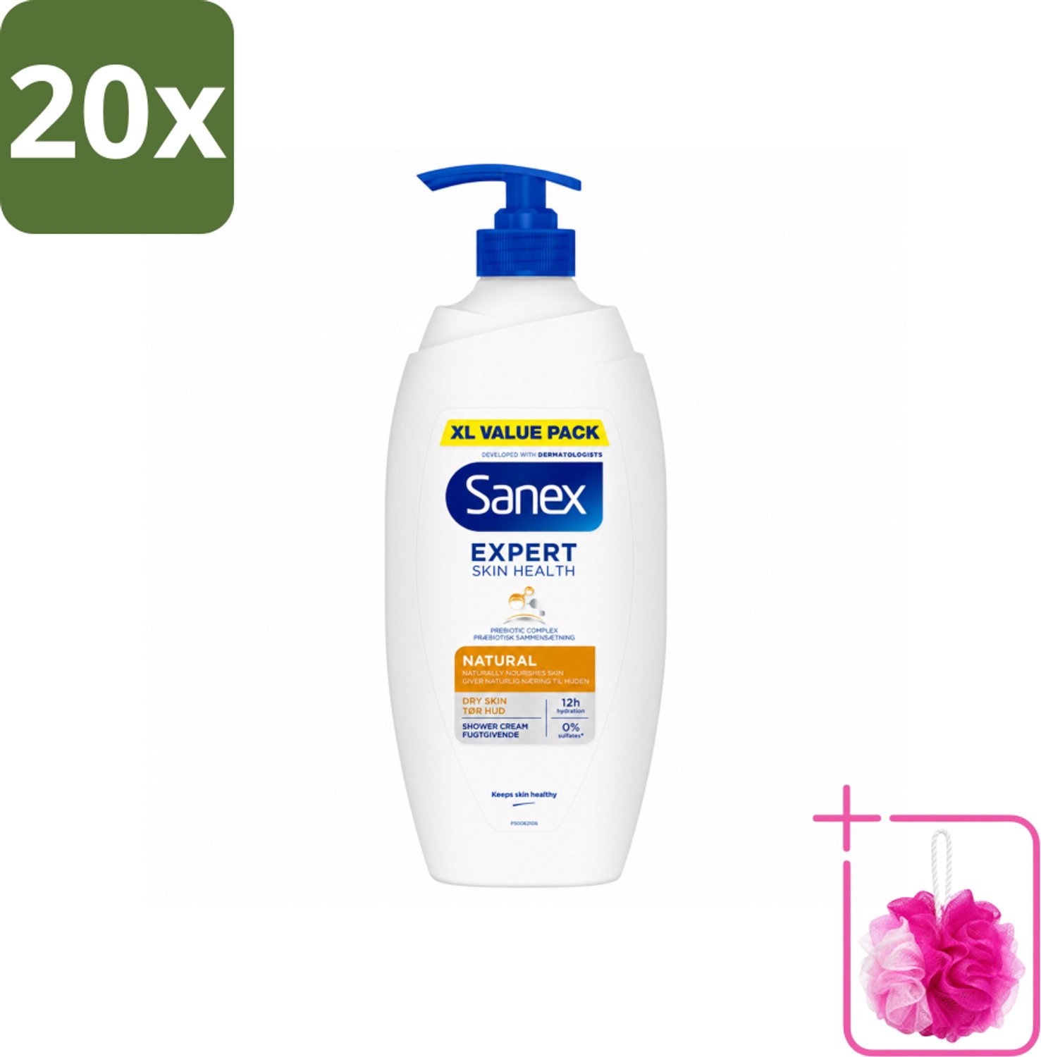 20 x Sanex – Douchecrème – Expert Skin Health Naturals – 750 ml - Bulkverpakking - Gevoelige huid - Douchemop - Huidverzorging