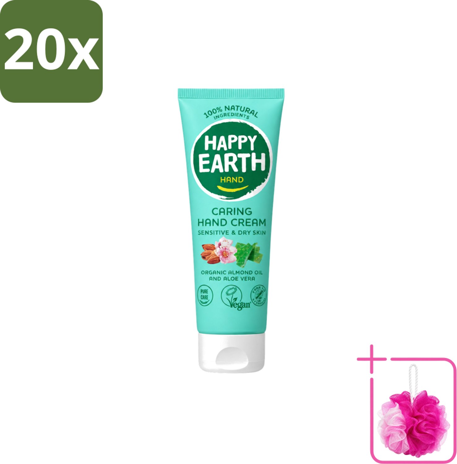 20 x Happy Earth – Handcrème – 100% Natuurlijk – 75 ml - Bulkverpakking - Natuurlijke handcrème - Douchemop - Vegan handcrème
