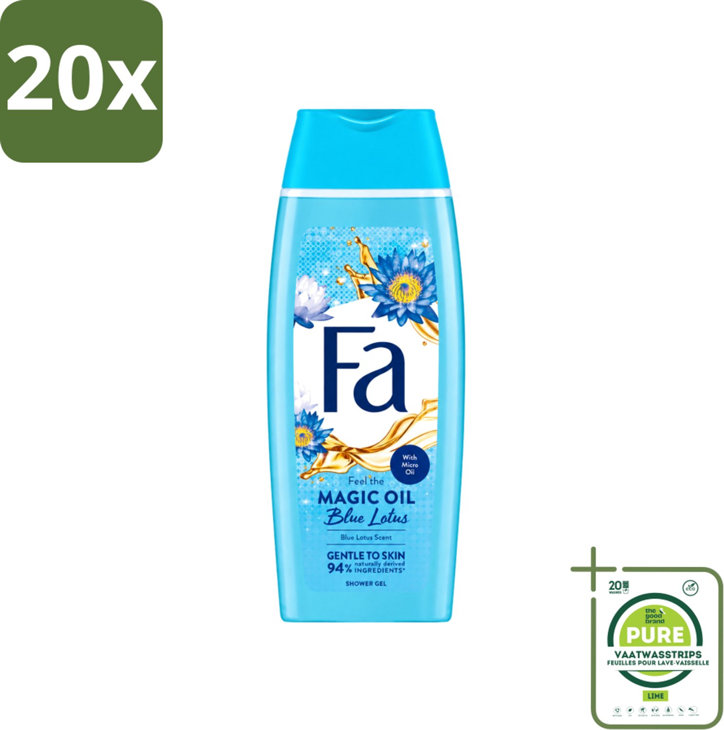 20 x Fa - Douchegel - Magische Olie - Blue Lotus Geur - 250 ml - Grootverpakking - Vaatwasstrips - Douchegel - Hydratatie - Huidverzorging - Zijdezachte Huid - Frisse Geur