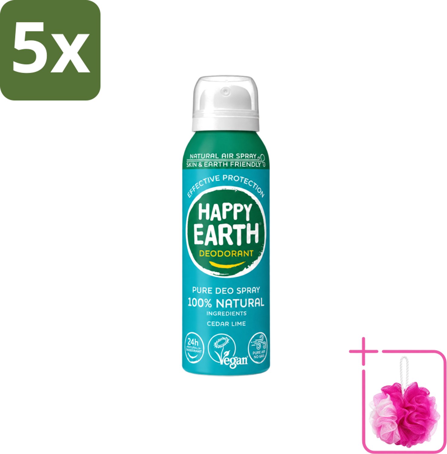 5 x Happy Earth – Deodorant Natural Air Spray – 100% Natuurlijk Cedar Lime – 100 ml - Bulkverpakking - Natuurlijke deodorant - Douchemop - Cederhout en limoen