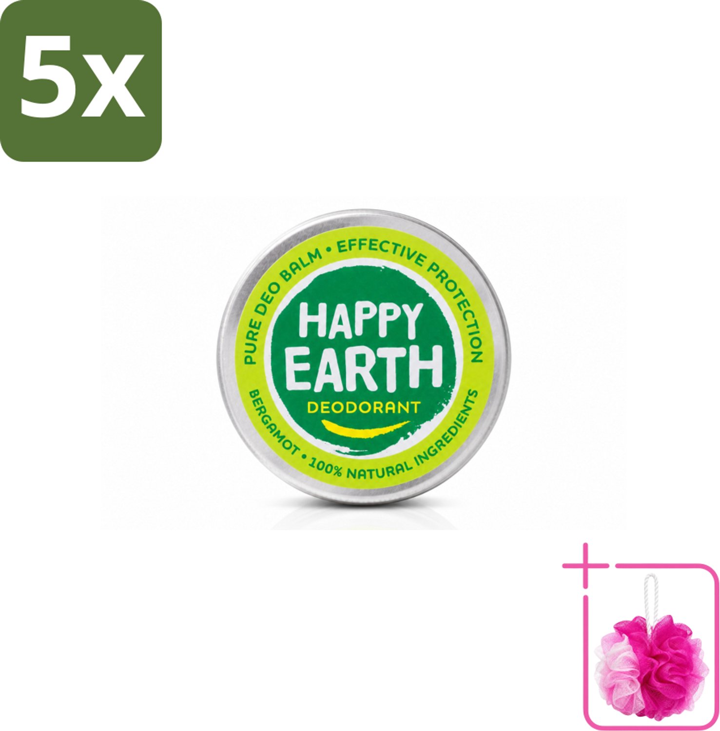 5 x Happy Earth – Deodorant Balm – 100% Natuurlijk Bergamot – 45 g - Bulkverpakking - Deodorant bergamot - Douchemop - Natuurlijke deodorant
