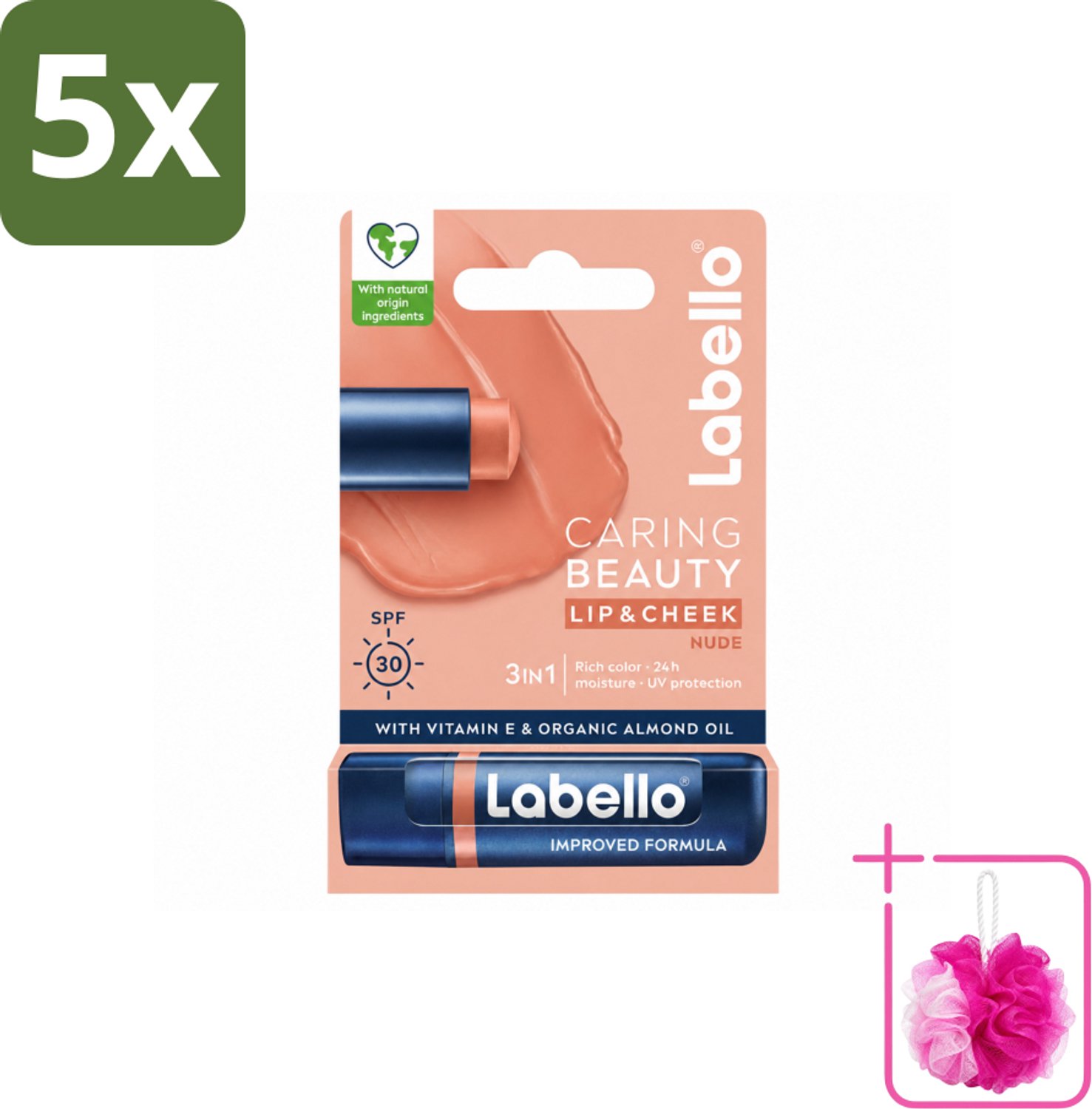 5 x Labello – CLippenbalsem – aring Beauty Nude – 6 ml - Bulkverpakking - Lippenbalsem - Douchemop - Rode lippenbalsem