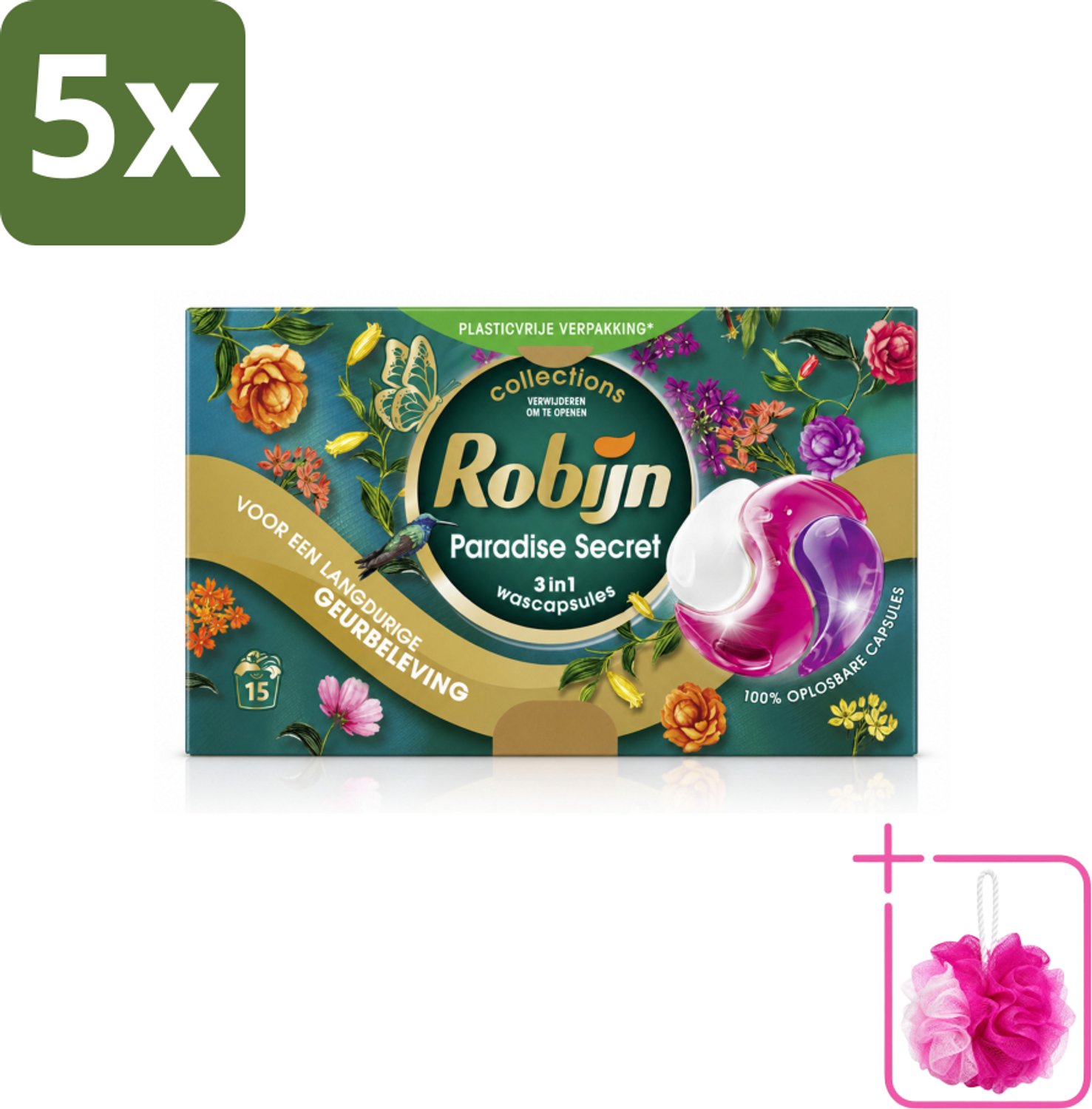 5 x Robijn – 3-in-1 Wascapsules – Paradise Secret - 15 Capsules - Bulkverpakking - Wascapsules - Douchemop - Kleurbescherming