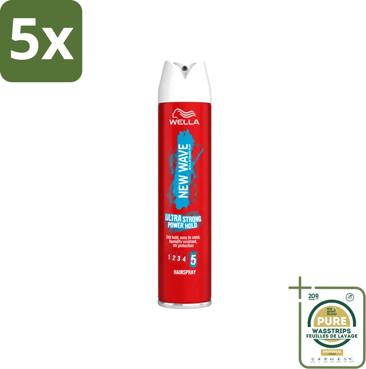 5 x Wella – New Wave Rock’n Hold Ultra Strong – Haarspray – 250 ml - Wasstrips - Haarspray - Haarspray Met Stevige Houding - Haarspray UV Bescherming - Haarspray Voor Dun Haar - Haarspray Met 24 Uur Houding