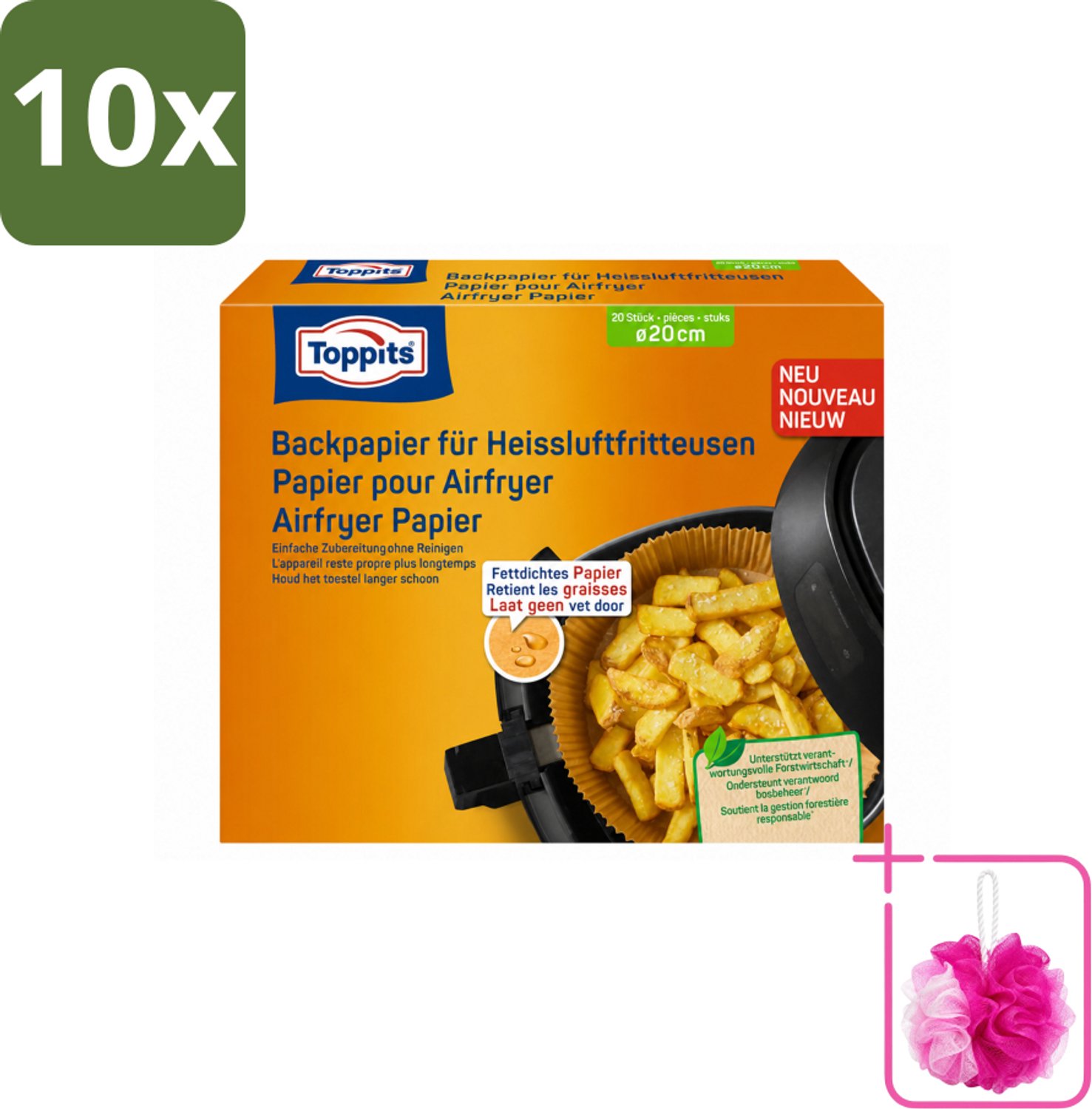 10 x Toppits – Airfryer Papier – 20 cm – 20 Zakjes - Bulkverpakking - Airfryer bakpapier - Douchemop - Bakpapier airfryer