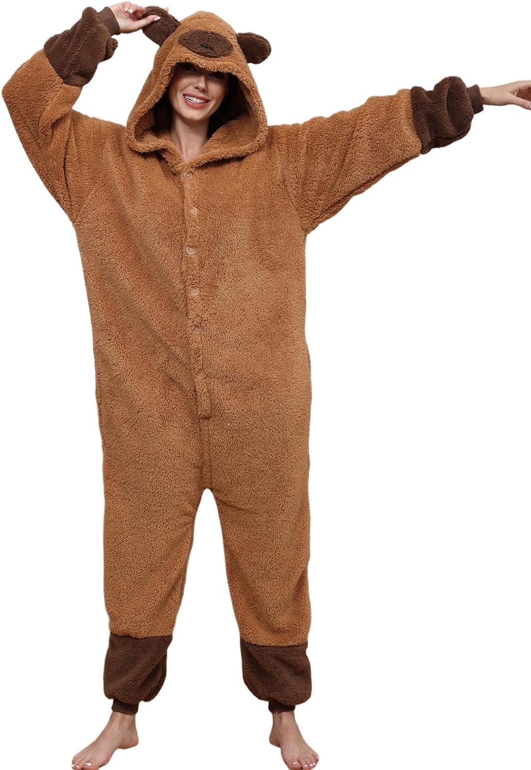 Pyjama voor volwassenen, uniseks, onesie, nachtkleding met kap, jumpsuit, loungewear, warm en zacht, voor feestjes en avonden