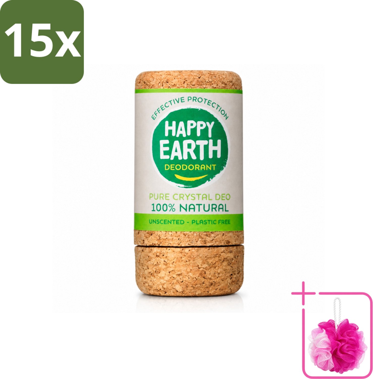 15 x Happy Earth – Deodorant Crystal – 100% Natuurlijk Unscented – 90 g - Bulkverpakking - Geurloze deodorant - Douchemop - Hypoallergene deodorant