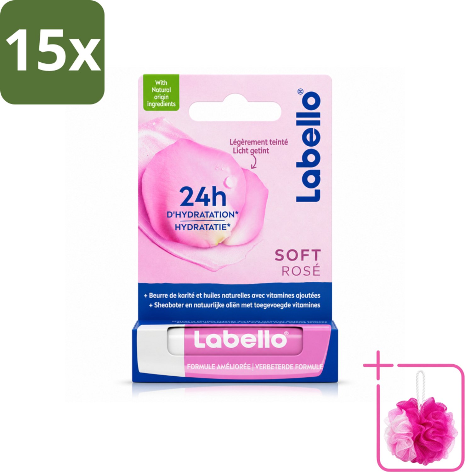 15 x Labello – Lippenbalsem – Soft Rosé – Lippenbalsem – 24H Hydratatie - Bulkverpakking - Hydraatende lippenbalsem - Douchemop - Roze lippenbalsem