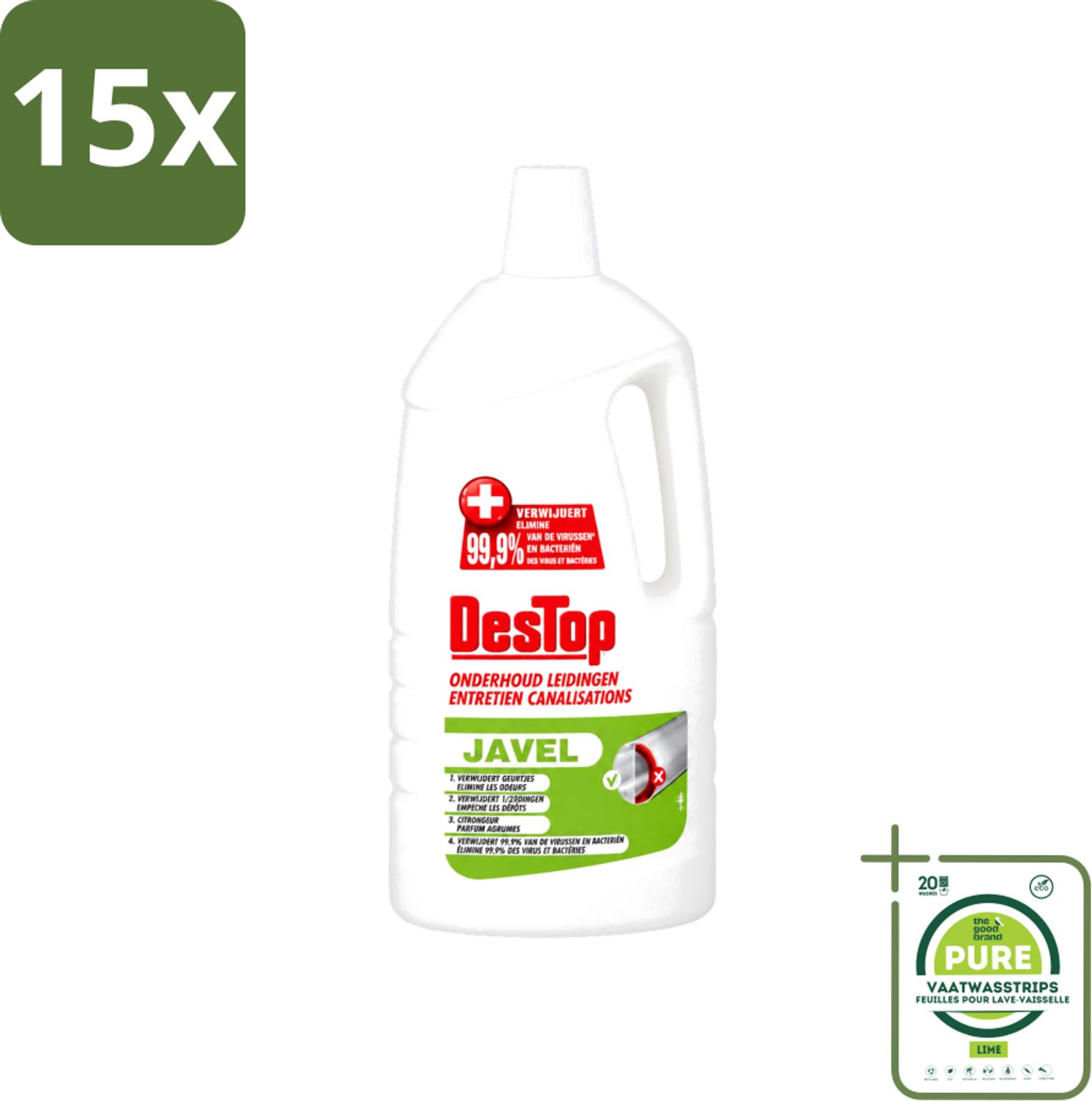 15 x DesTop - Onderhoud Leidingen - Javel - 4-in-1 Werking - Citroengeur - 1,5L - Grootverpakking - Vaatwasstrips - Leidingen Reinigen - Leidingen Onderhouden - Leidingen Schoon Houden - Leidingen Reinigingsmiddel - Citroengeur