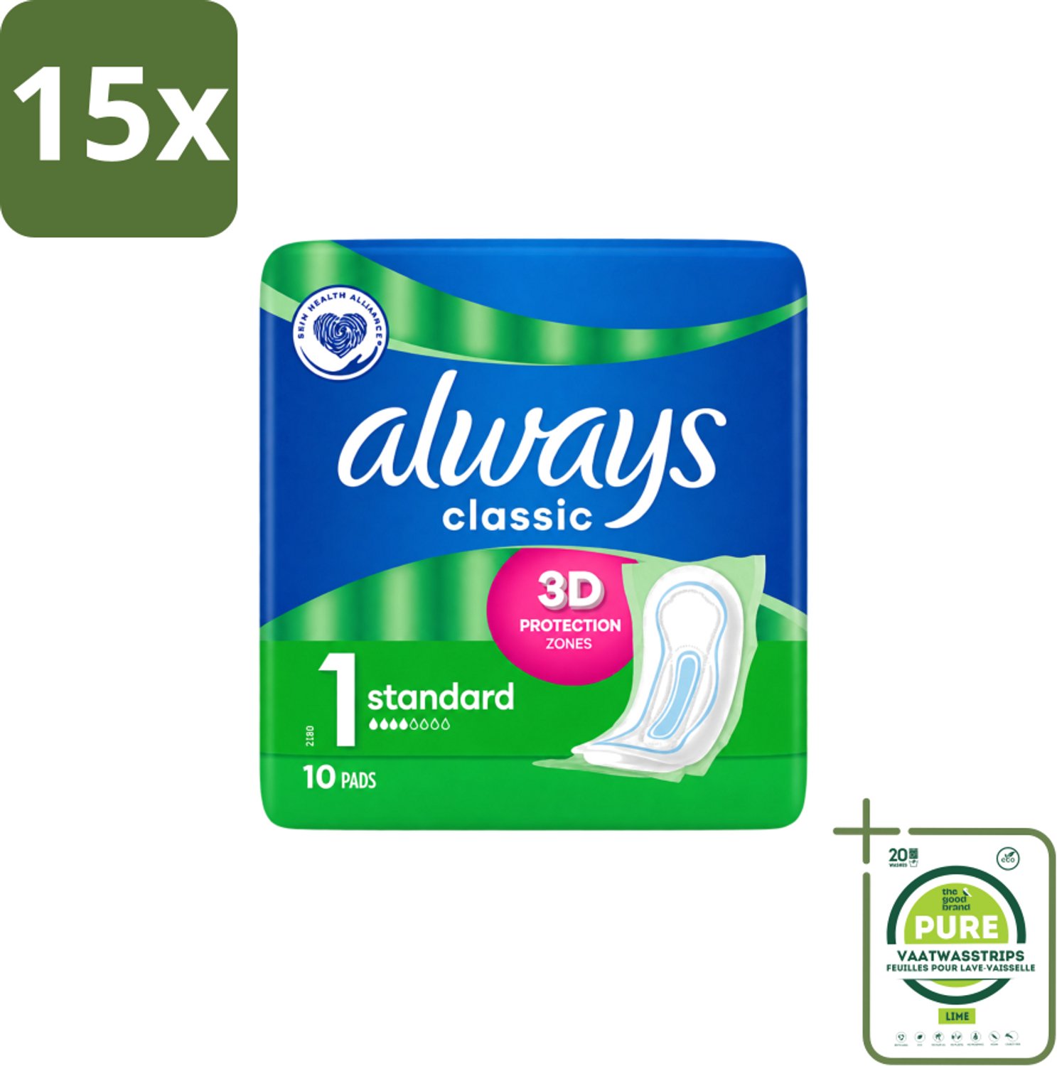 15 x Always Classic - Maandverband - Standaard - 3D Bescherming - 10 Maandverbandjes - Grootverpakking - Vaatwasstrips - Maandverband - Menstruatie - Maandverband 10 St - Menstruatiebescherming - Maandverband Voor Dagelijks Gebruik