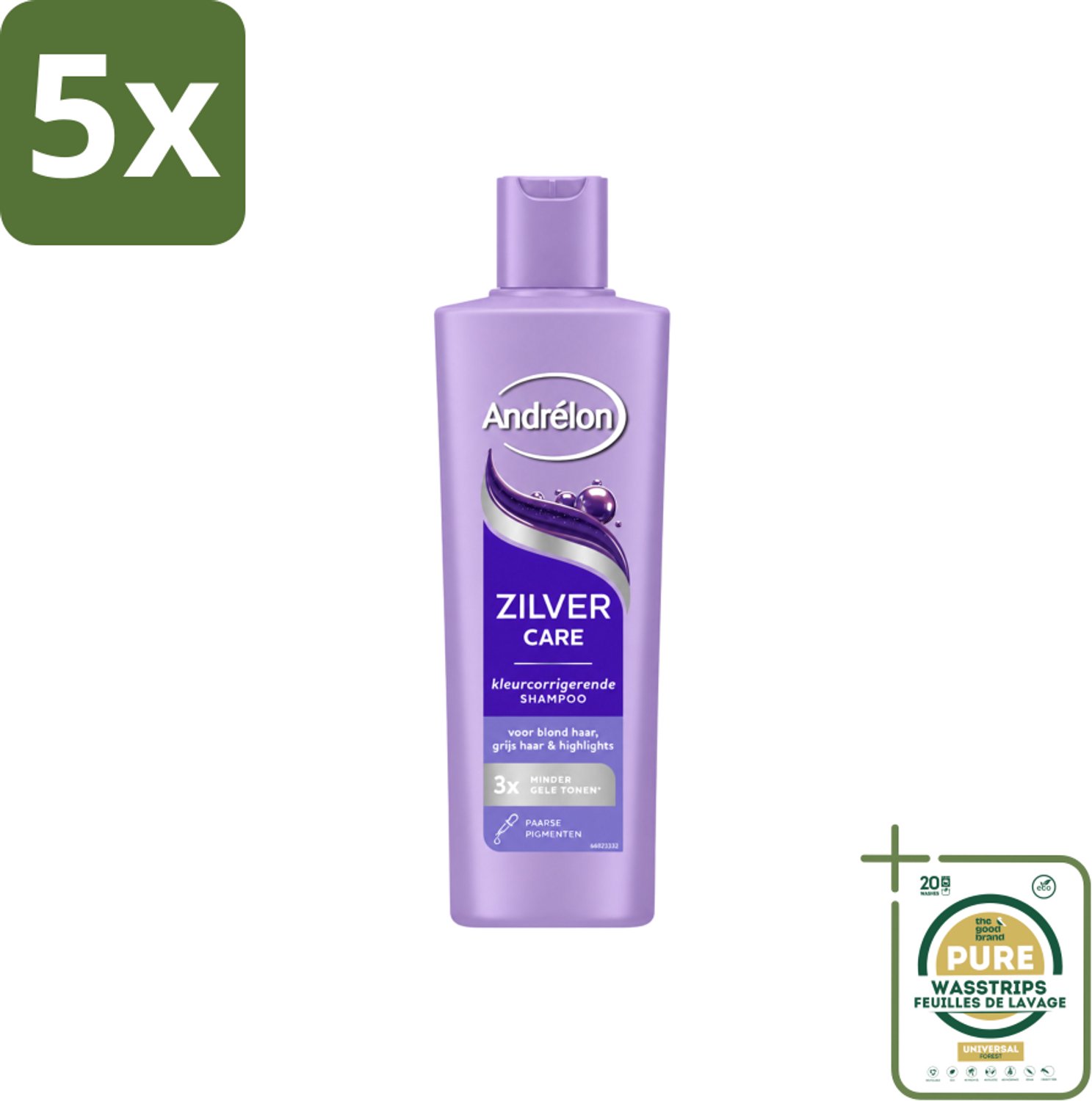 5 x Andrélon – Shampoo – Zilver Care – 250 ml - Wasstrips - Zilver Care Shampoo - Haarkleur Corrigeren - Gele Tonen Verminderen - Paarse Pigmenten - Blond Haar