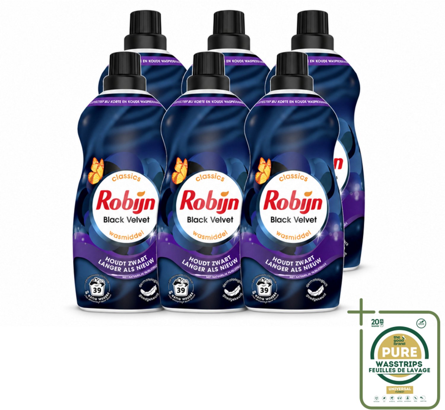 6 x Robijn – Vloeibaar Wasmiddel – Klein & Krachtig Black Velvet – 1,19 L - Wasstrips - Zwarte Was - Donkere Was - Wasmiddel Zwart - Wasmiddel Donker - Kleurbehoud