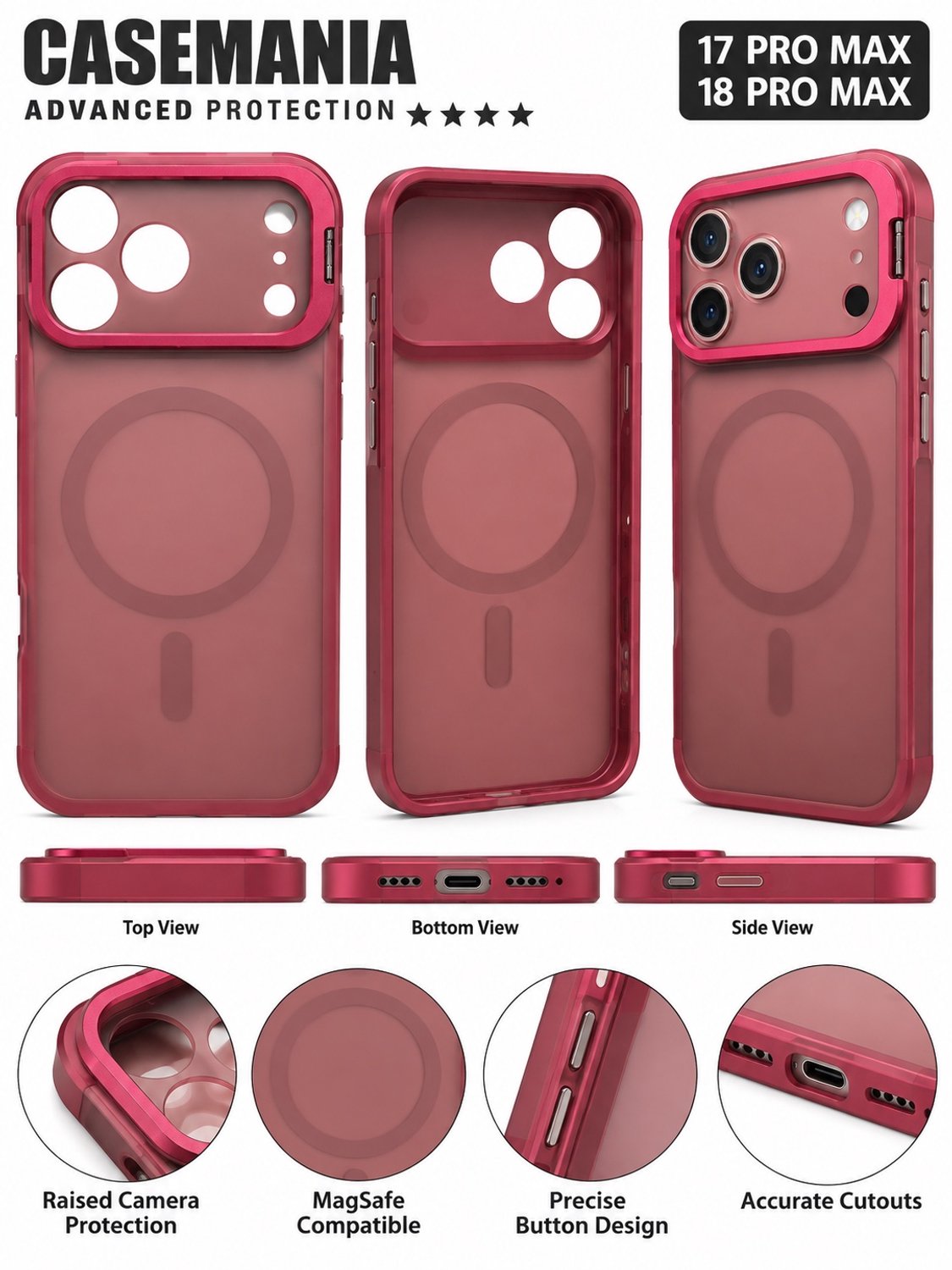 Casemania Advanced Protection - Backcover - Geschikt voor iPhone 17 Pro Max / 18 Pro Max - Met MagSafe - Bordeauxrood