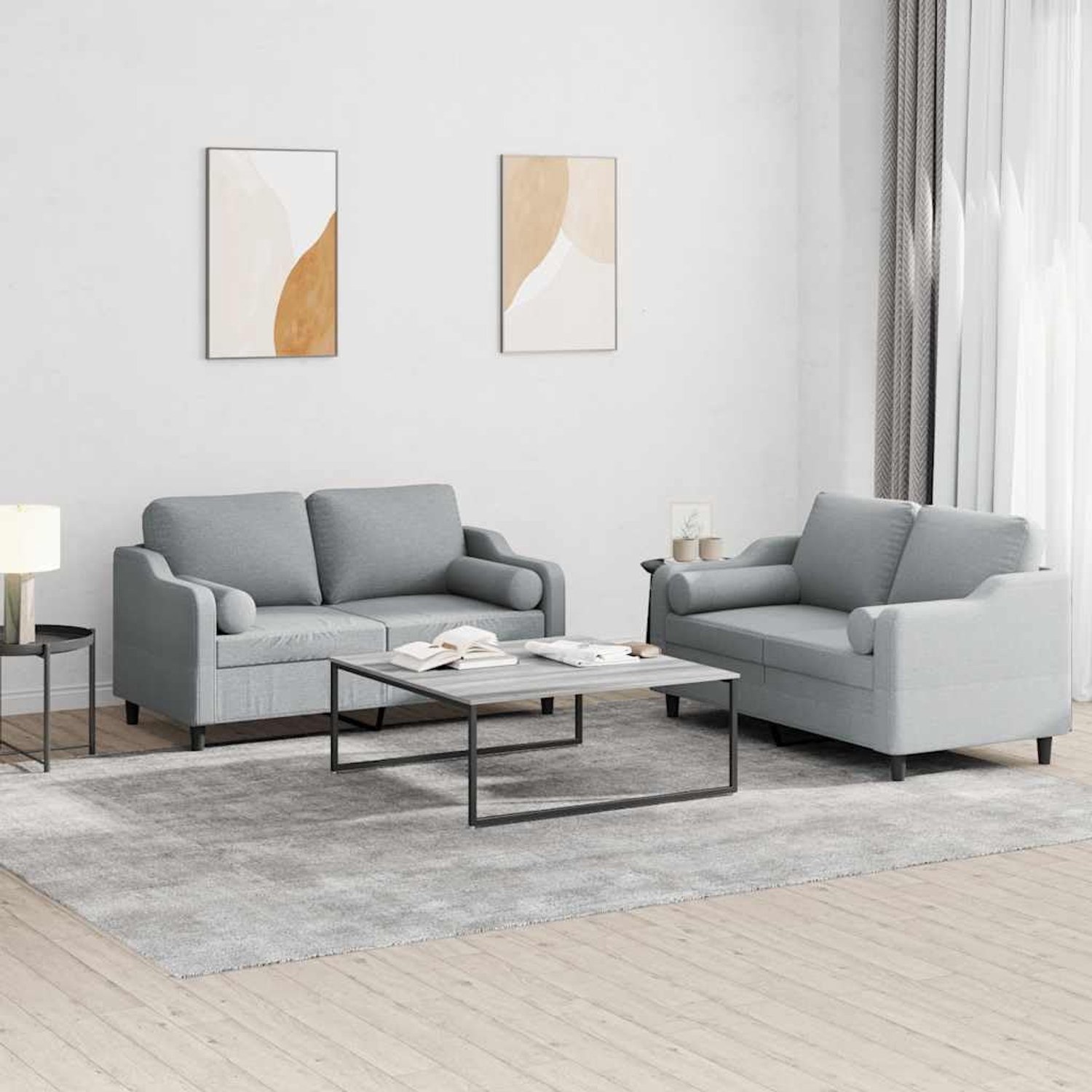 2-delig. Bankset met kussen lichtgrijs stof, comfortabele zitervaring met robuust frame, ademende en duurzame bekleding voor woonkamer