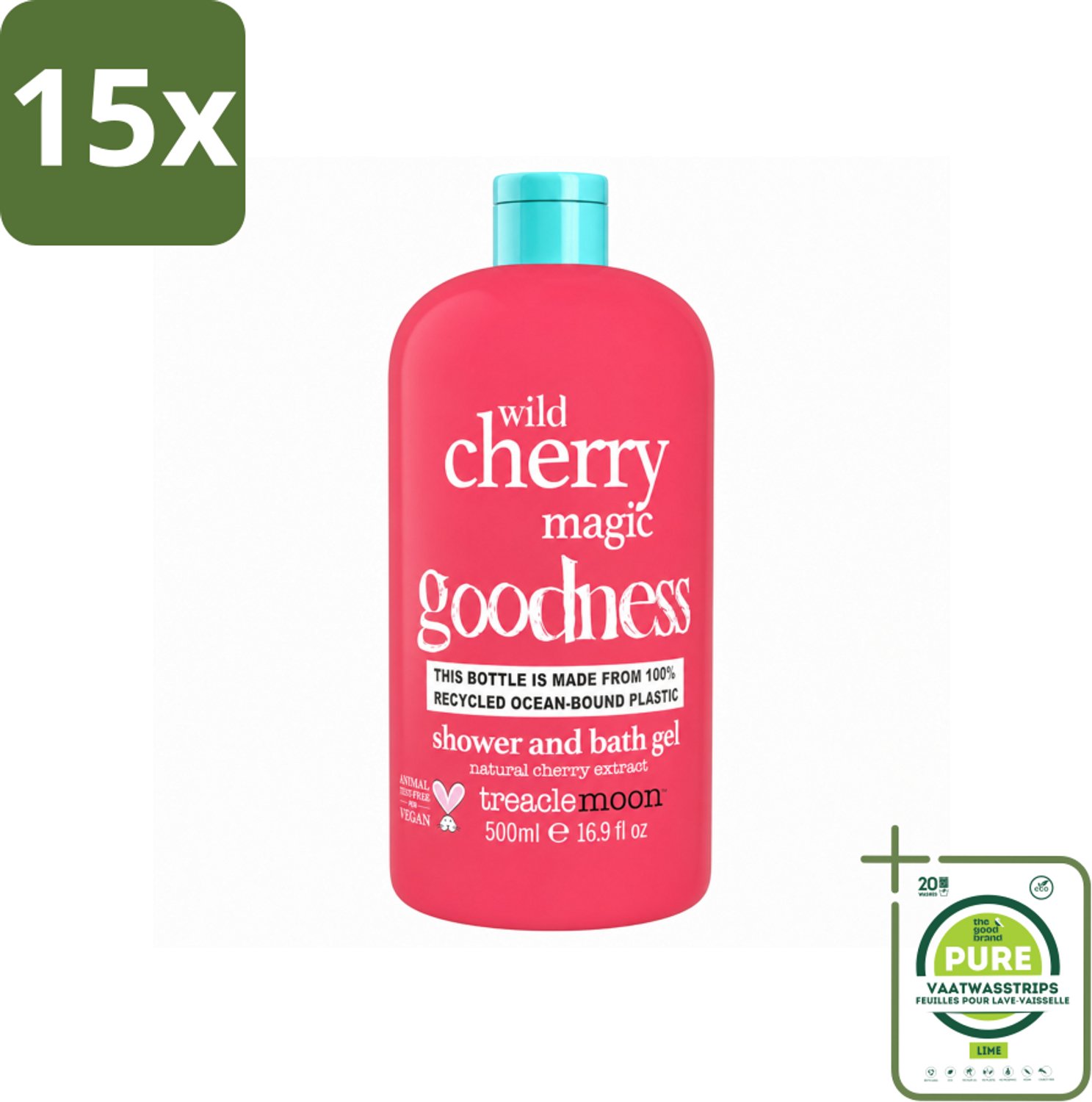 15 x Treaclemoon – Douchegel – Wild Cherry Magic – 500 ml - Grootverpakking - Vaatwasstrips - Douchegel - Kersen Geur - Fruitige Geur - Zachte Huid - Reinigende Douchegel