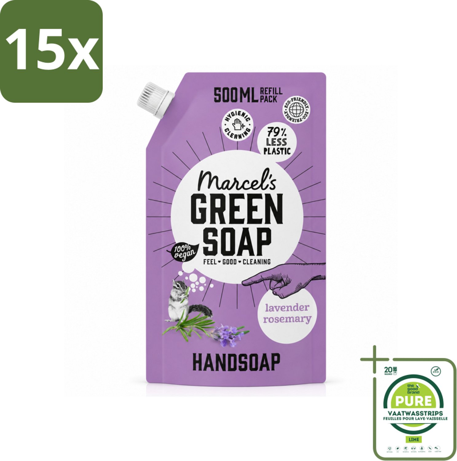 15 x Marcel’s Green Soap – Handzeep Navulling – Lavendel & Rozemarijn – 500 ml - Grootverpakking - Vaatwasstrips - Handzeep - Natuurlijke Handzeep - Plantaardige Handzeep - Lavendel Handzeep - Rozemarijn Handzeep