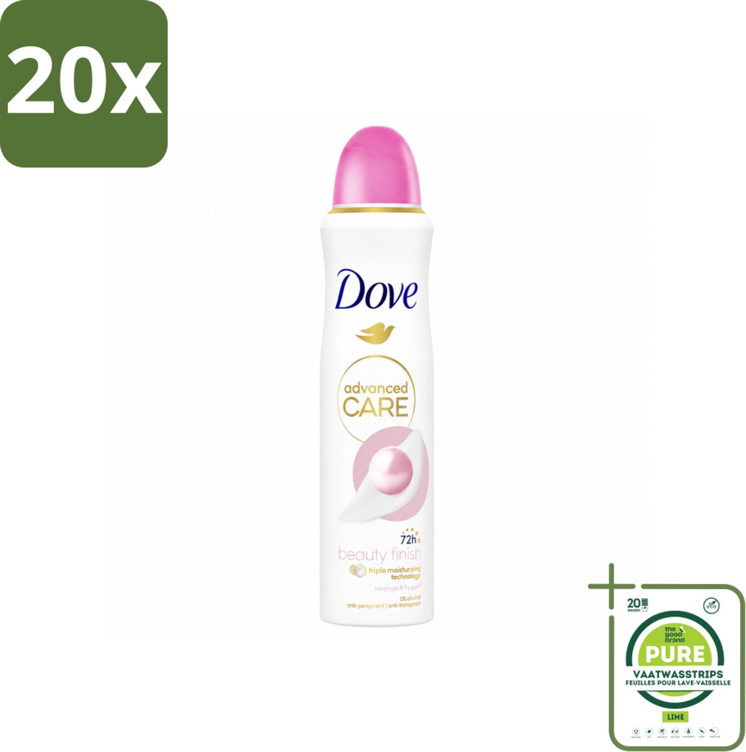 20 x Dove – Deodorant Spray – Beauty Finish – 150 ml - Grootverpakking - Vaatwasstrips - Anti-transpirant Spray - Huidverzorging - Stralende Huid - Geur Magnolia - Geur Lelie