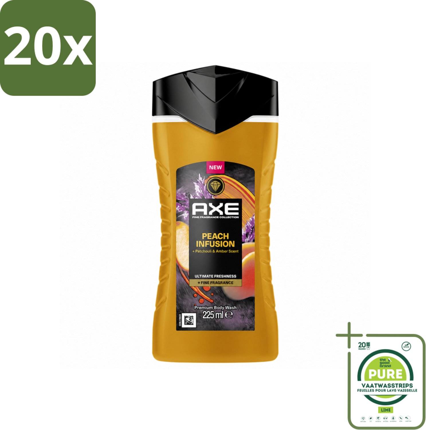 20 x Axe – Douchegel – Peach Infusion – 225 ml - Grootverpakking - Vaatwasstrips - Douchegel - Fris Ruiken - Parfum - Patchoeli - Amber