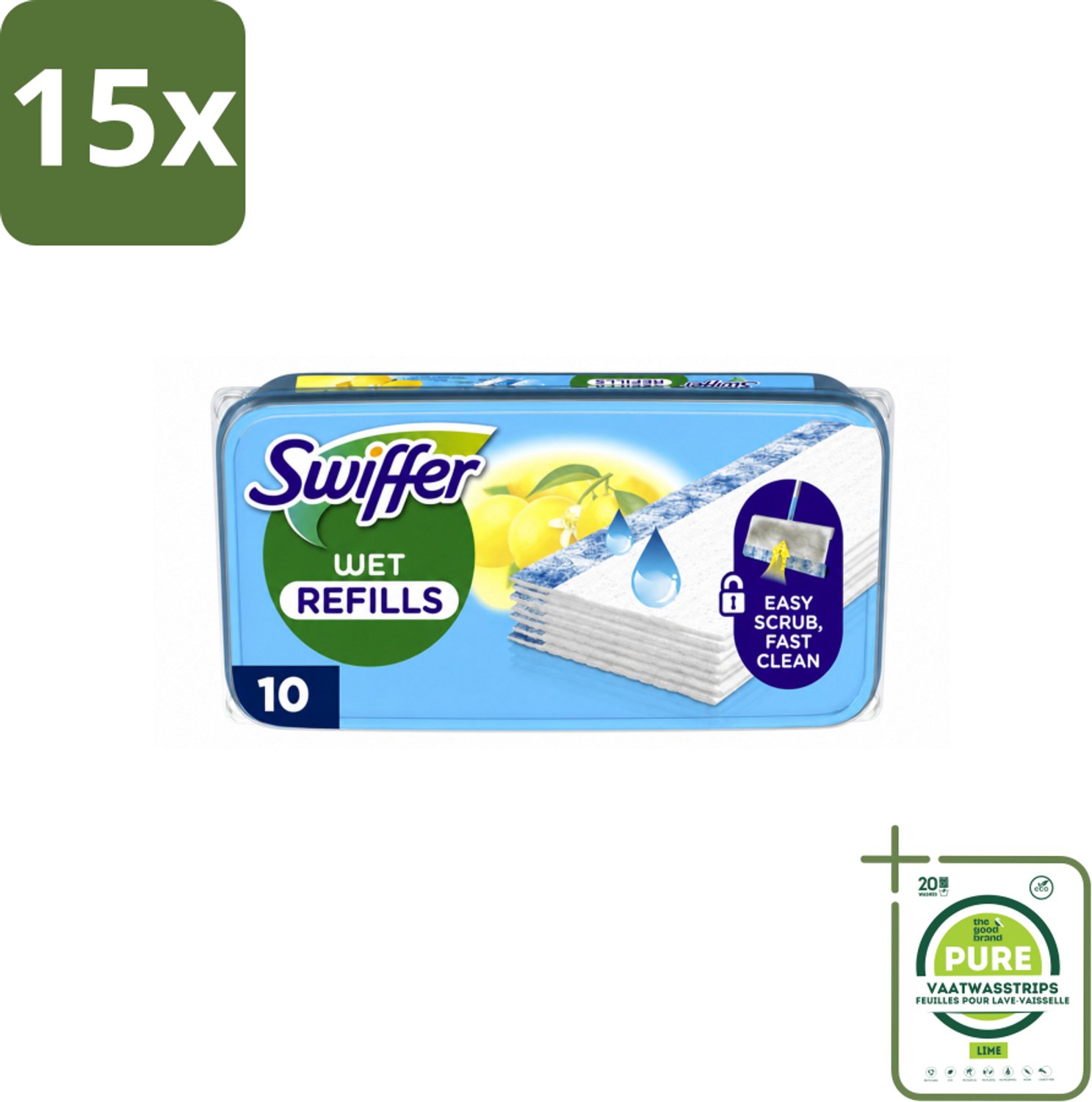 15 x Swiffer - Vloerdoekjes – Citrus Fresh – 10 doekjes - Grootverpakking - Vaatwasstrips - Vloerdoekjes Navullingen - Schoonmaak Doekjes - Citroengeur - Schrobdoekjes - Vuil Oplossen