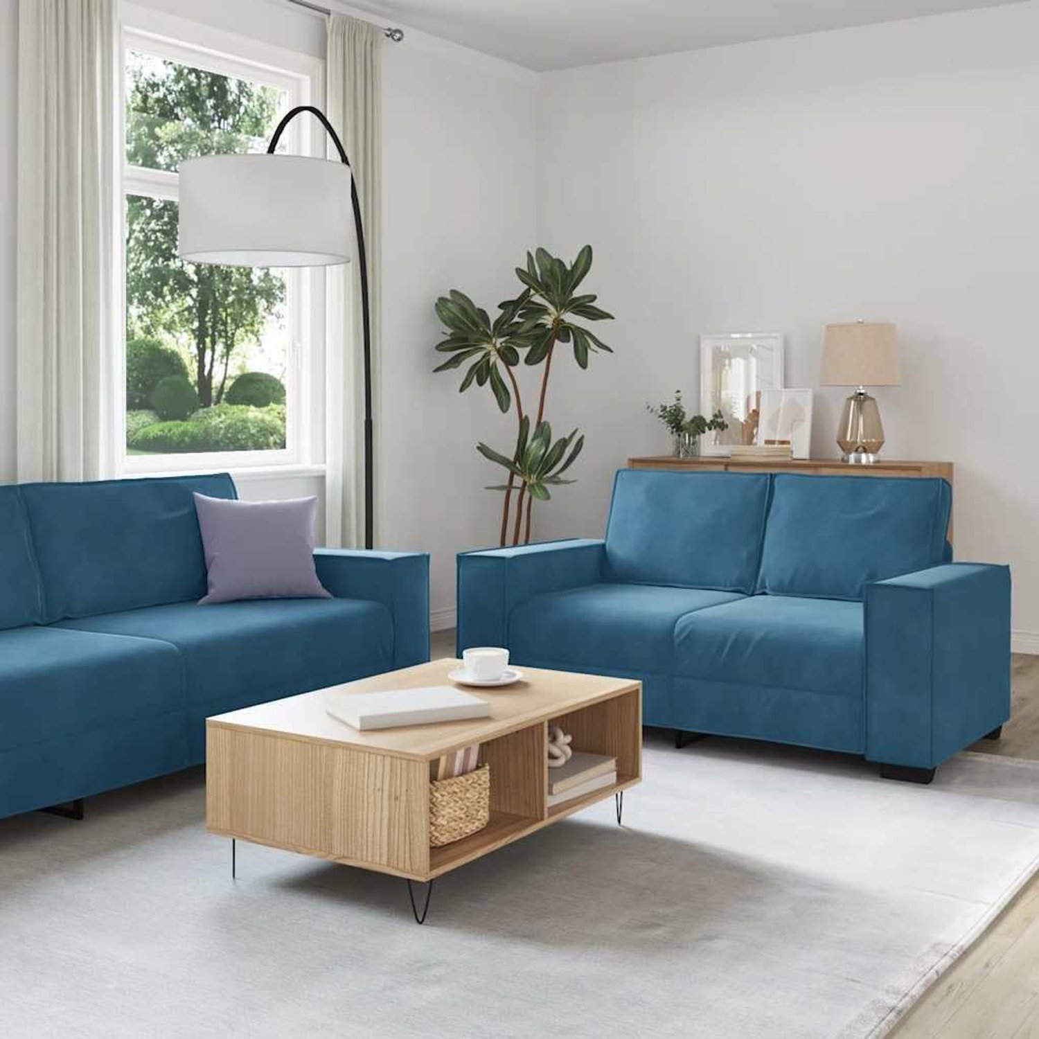2-delige fluwelen bankset met kussen in blauw, comfortabele gestoffeerde bank voor de woonkamer met robuust houten metalen frame en brede armleuningen, lounge zitgroep voor ontspanning