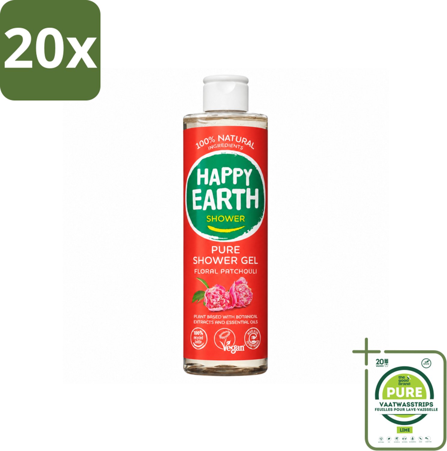 20 x Happy Earth – Douchegel – 100% Natuurlijk Floral Patchouli – 300 ml - Grootverpakking - Vaatwasstrips - Douchegel - Natuurlijke Douchegel - Vegan Douchegel - Patchouli Geur - Huid Verzorging