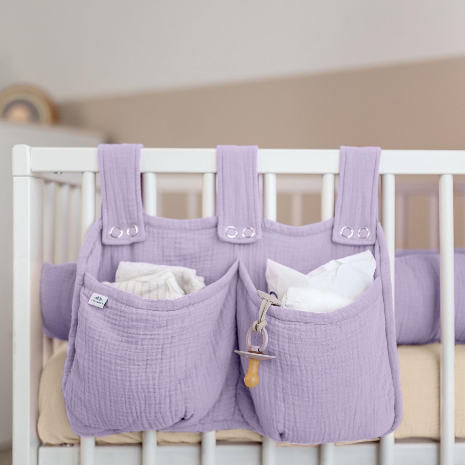 LILIMAUS Bed organizer voor kinderbed - hangend bedtasje met 2 vakken - mousseline katoen - lila