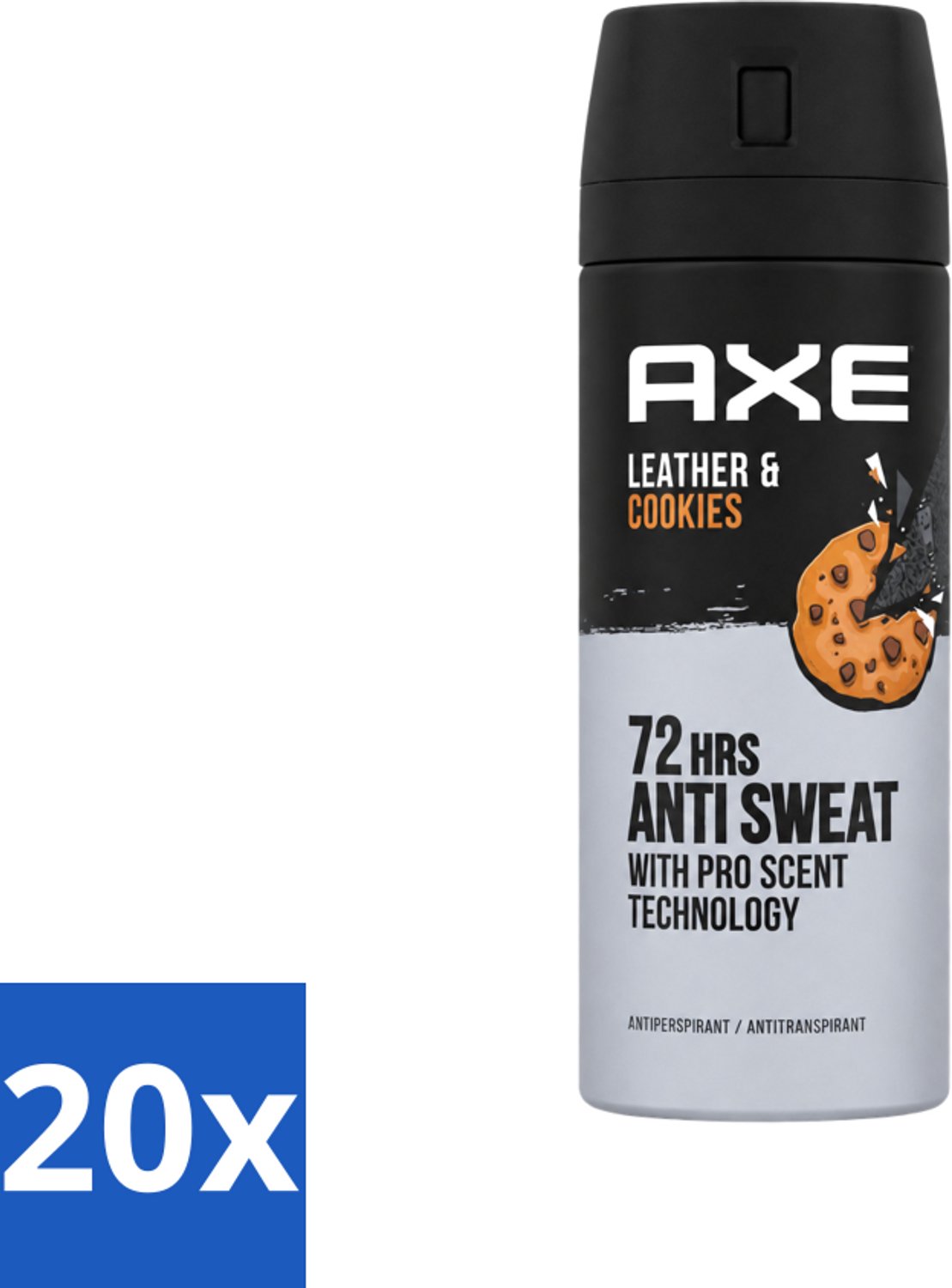 20 x Axe - Deodorant Spray - 72hrs Anti Sweat - Leather & Cookies - 150 ml - Voordeelverpakking - 20 stuks