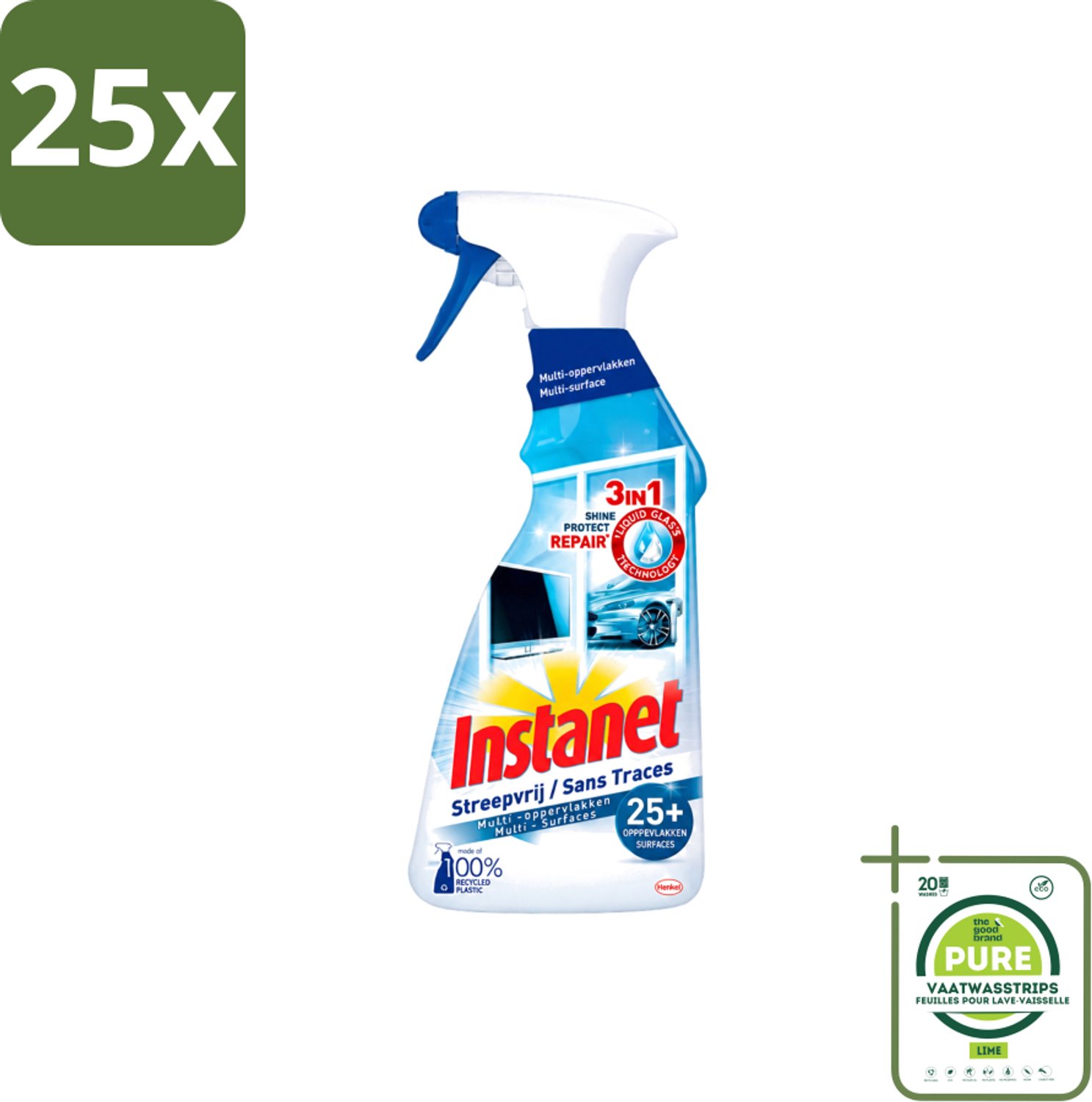25 x Instanet - Schoonmaakspray - Streepvrij - 3 in 1 - Multi-Oppervlakken - 725 ml - Grootverpakking - Vaatwasstrips - Schoonmaak Spray - Glas Reinigen - Streepvrije Reiniger - Tv Scherm Reinigen - Spiegel Reinigen