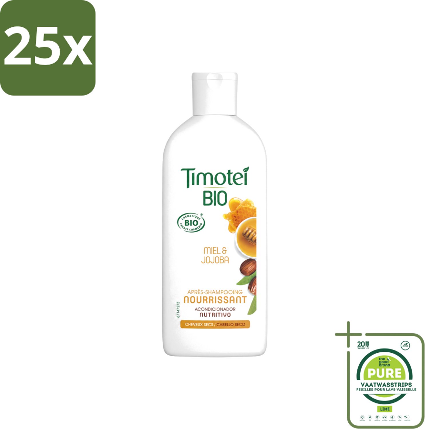 25 x Timotei - Crèmespoeling - Honing & Jojoba - Biologisch - Droog Haar & Droge Hoofdhuid - 250 ml - Grootverpakking - Vaatwasstrips - Crèmespoeling - Droog Haar - Droge Hoofdhuid - Honing - Jojoba-olie