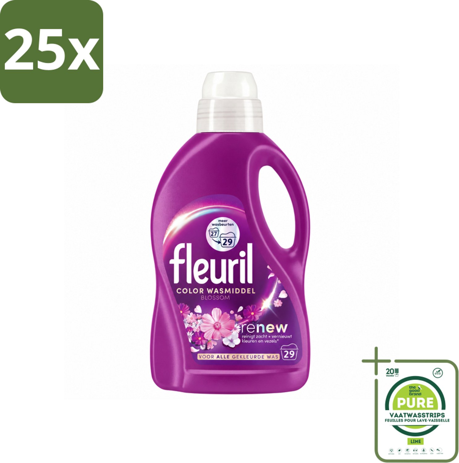 25 x Fleuril – Wasmiddel - Color Blossom – 29 wasbeurten – 1,305 L - Grootverpakking - Vaatwasstrips - Kleurbehoud - Wasmiddel Voor Gekleurde Kleding - Wasmiddel Voor Gekleurde Stoffen - Wasmiddel Met Bloesemgeur - Wasmiddel Voor Delicate Stoffen