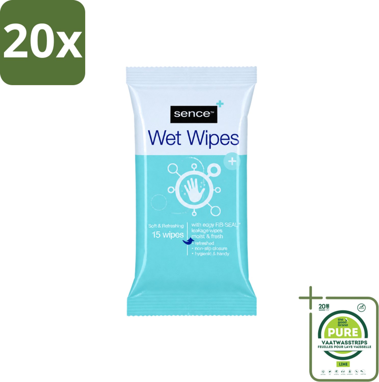 20 x Sence - Vochtige Doekjes - Hersluitbare Verpakking - 15 Doekjes - Grootverpakking - Vaatwasstrips - Vochtige Doekjes - Handdoek - Gezichtsdoek - Reinigingsdoek - Handdoek Voor Gezicht