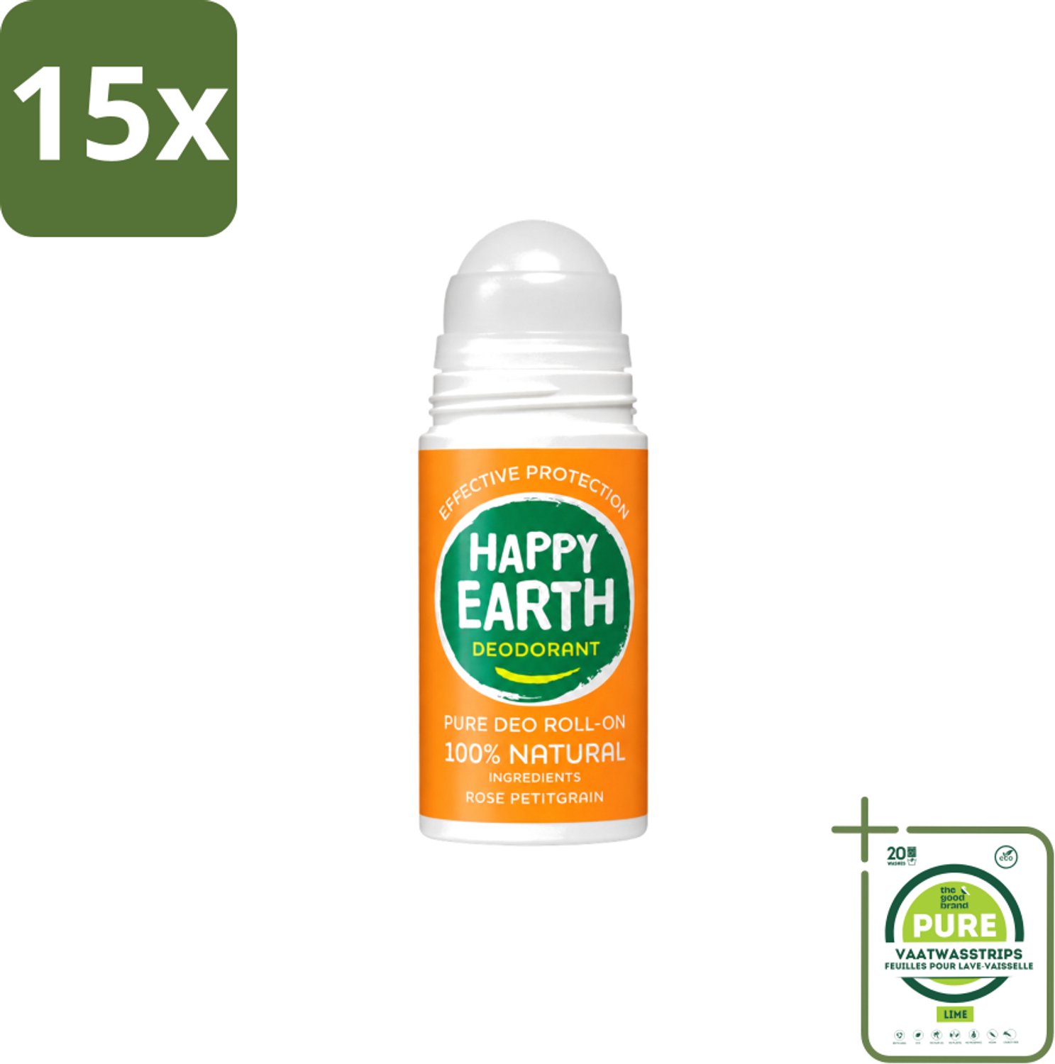 15 x Happy Earth – Deodorant Roll-On – 100% Natuurlijk Rose Petitgrain – 75 ml - Grootverpakking - Vaatwasstrips - Natuurlijke Deodorant - Roll-on Deodorant - Bloemige Geur - Frisse Geur - Huidvriendelijk