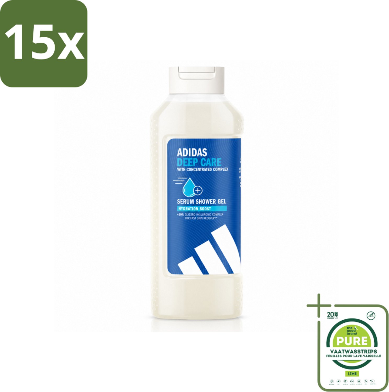 15 x Adidas – Douchegel – Active Skin & Mind Deep Care – 400 ml - Grootverpakking - Vaatwasstrips - Hydratatie Na Sport - Huid Verzorging - Douchegel Sport - Glycerine Hyaluronate - Vegan Douchegel