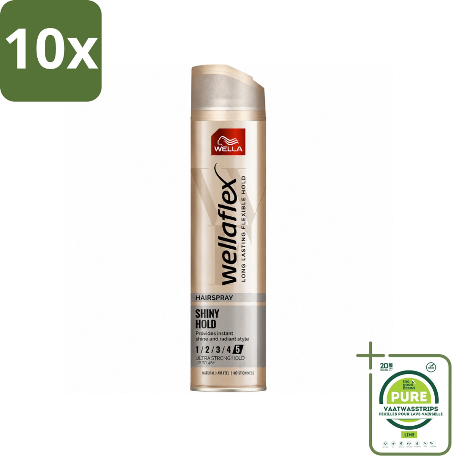 10 x Wella – Flex Shine Ultra Strong – Haarspray – 250 ml - Grootverpakking - Vaatwasstrips - Haarspray - Glans - Fixatie - Haarverzorging - Macadamia-olie