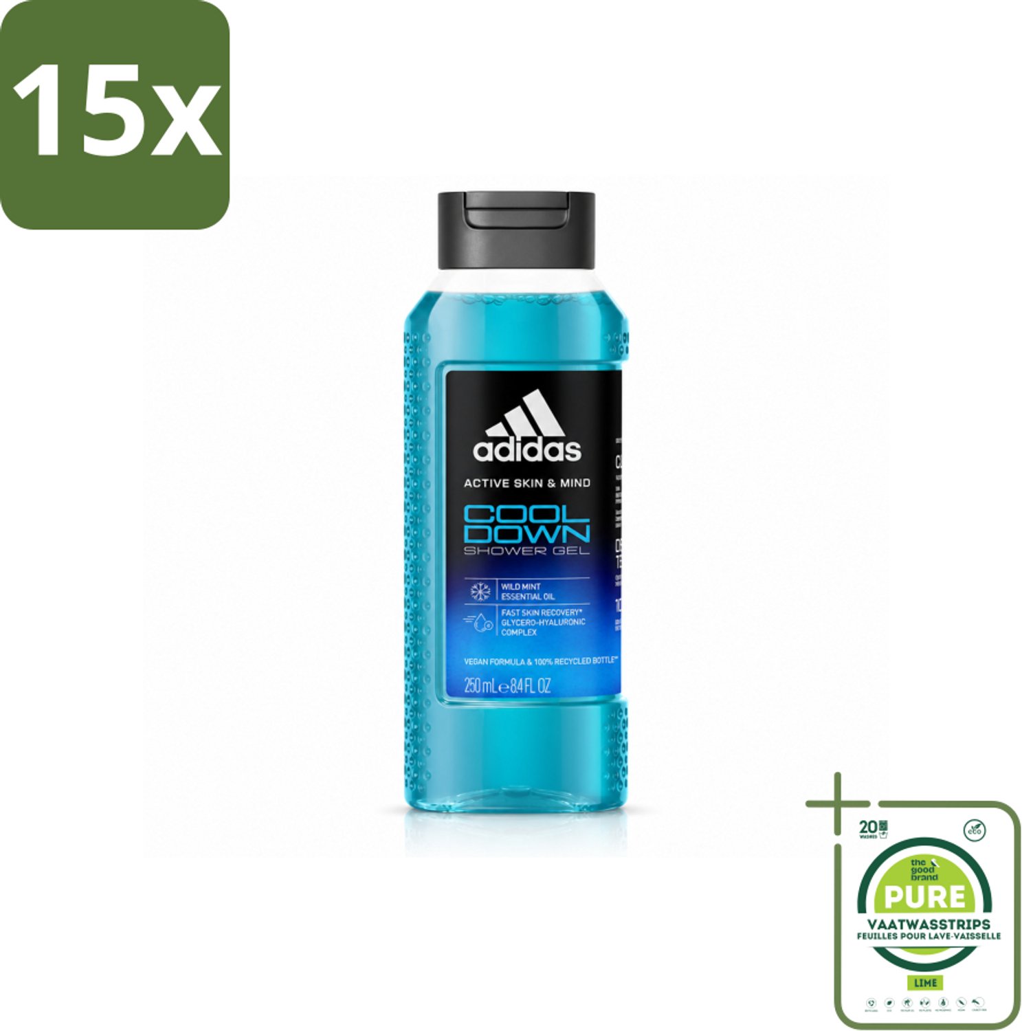 15 x Adidas – Douchegel – Active Skin & Mind Cool Down – 250 ml - Grootverpakking - Vaatwasstrips - Douchegel - Verkoeling - Menthol - Wilde Munt - Hydratatie