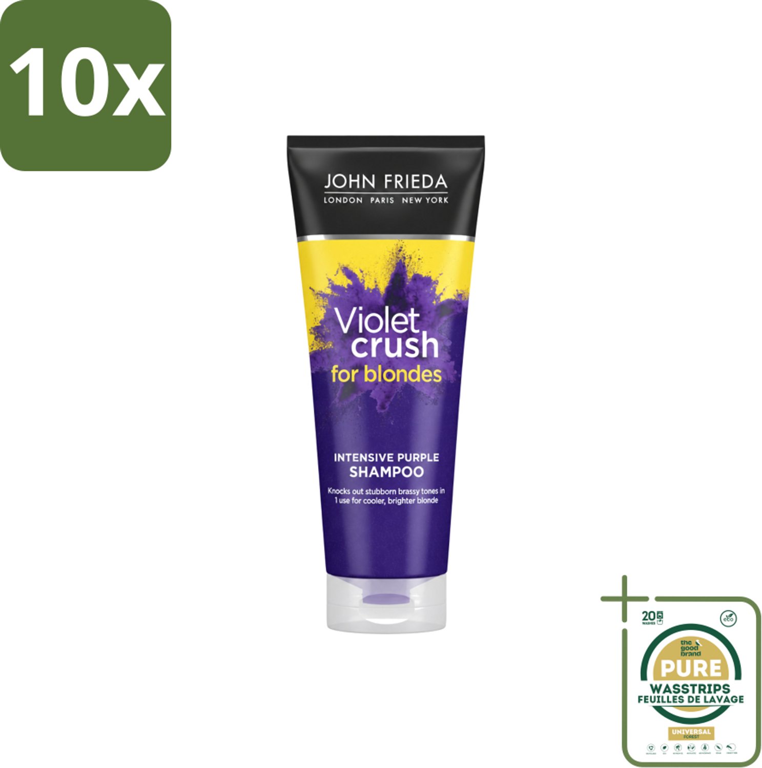 10 x John Frieda – Shampoo – Sheer Blonde Violet Crush Intensive Purple – Tegen gele ondertonen – 250 ml - Wasstrips - Blond Haar - Gele Ondertonen - Oranje Ondertonen - Zilveren Shampoo - Intensieve Kleurcorrectie