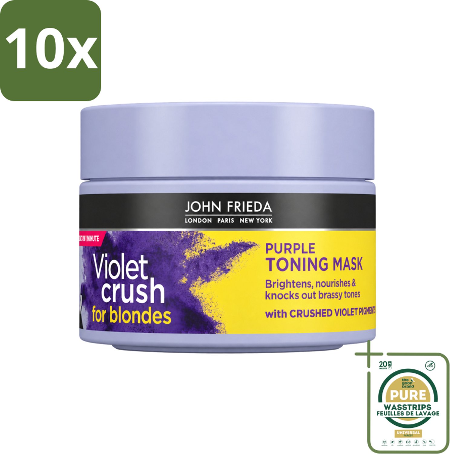 10 x John Frieda – Haarmasker – Violet Crush Purple Toning – Neutraliseert gele tonen – 250 ml - Wasstrips - Haarmasker - Gele Tonen Neutraliseren - Koele Blonde Kleur - Blond Haar Verzorging - Haar Tonen