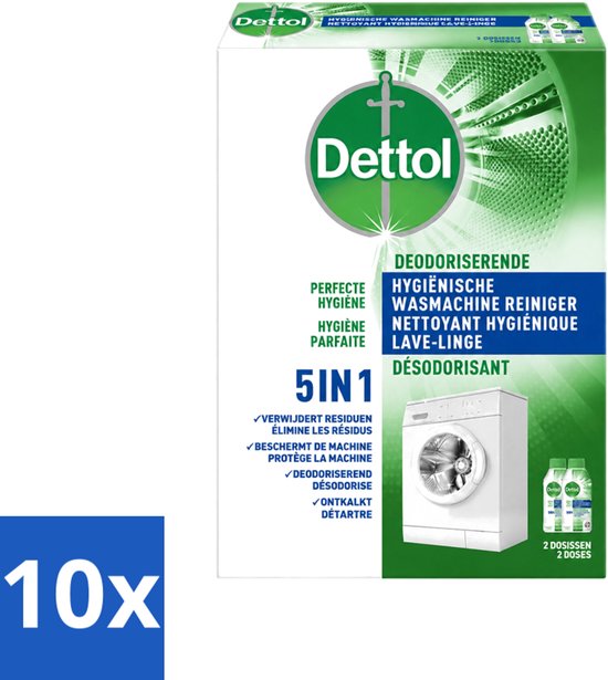 Nettoyant lave-linge Dettol 5-en-1, emballage vert et blanc, lot de 10, élimine les résidus et détartre.