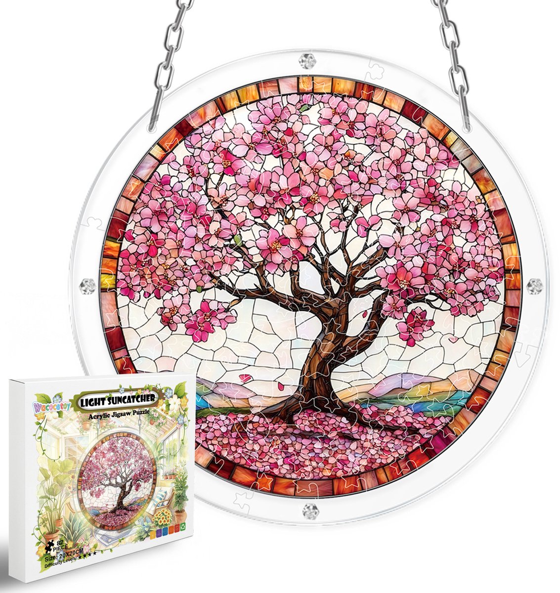 Casalora Acryl Puzzel Boom van geluk - Zonnevanger met Glas-in-Loodlook, Raamdecoratie - 20*20cm – 82 Stukjes