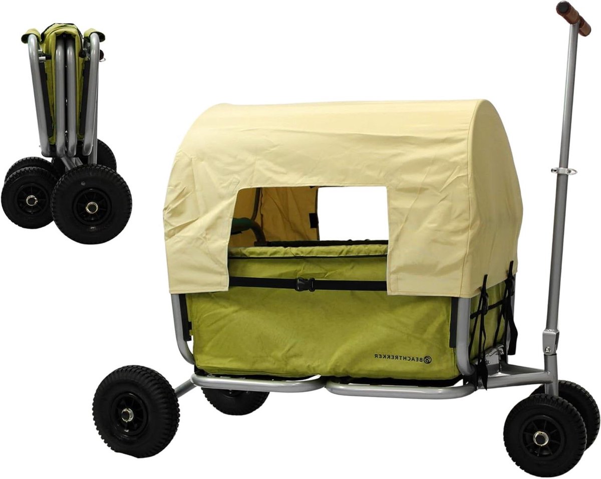 Vouwbare Handkar - Transportkar Tuin - Spullen Vervoeren - Met Zonnedak - 100kg Draaglast - Olijfgroen