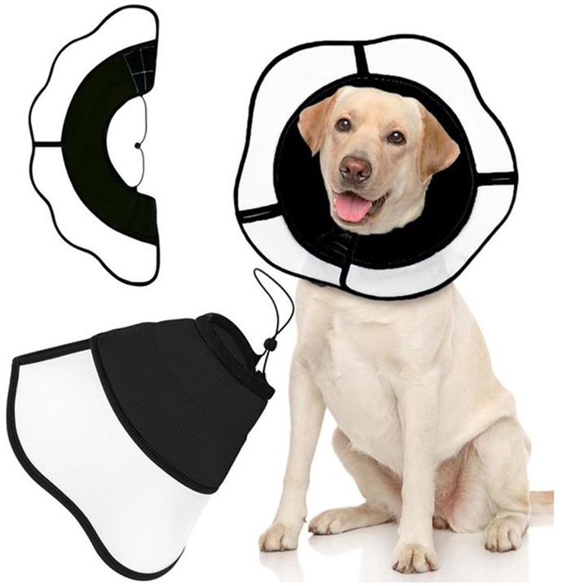 KZQ Herstelkraag voor honden – Verstelbare kraag van zachte stof met klittenband – Geschikt voor honden en katten - Nekomtrek: 38–47 cm – Maat L – Zwart