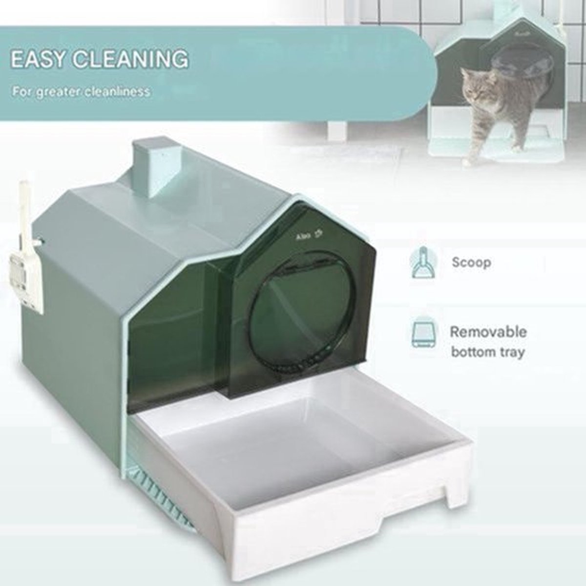 kattenbak – kattentoilet – kattentoiletbak – kattenbak met klep – kattenbak met lade – Groen – Afneembare Tray – Inclusief Schep en Zeefmat
