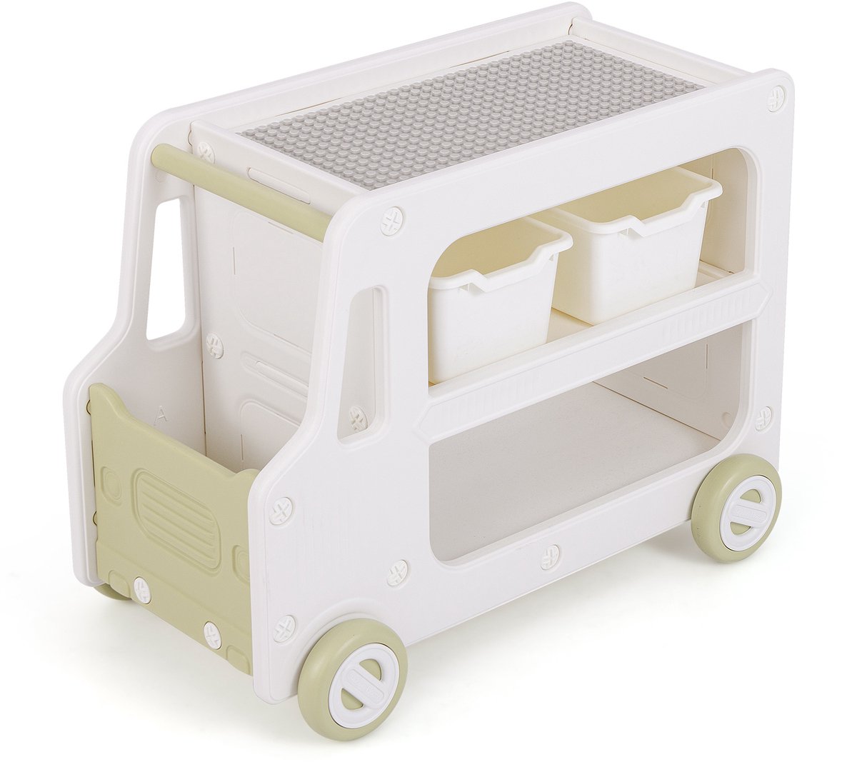 COSTWAY Speelgoedrek met wieltjes, voor de auto, 2 niveaus, kinderrek met 2 opbergdozen, planken en planken, boekenrek voor kinderen, speelgoedorganizer voor kinderkamer, speelkamer, 73 x 42 x 56 cm